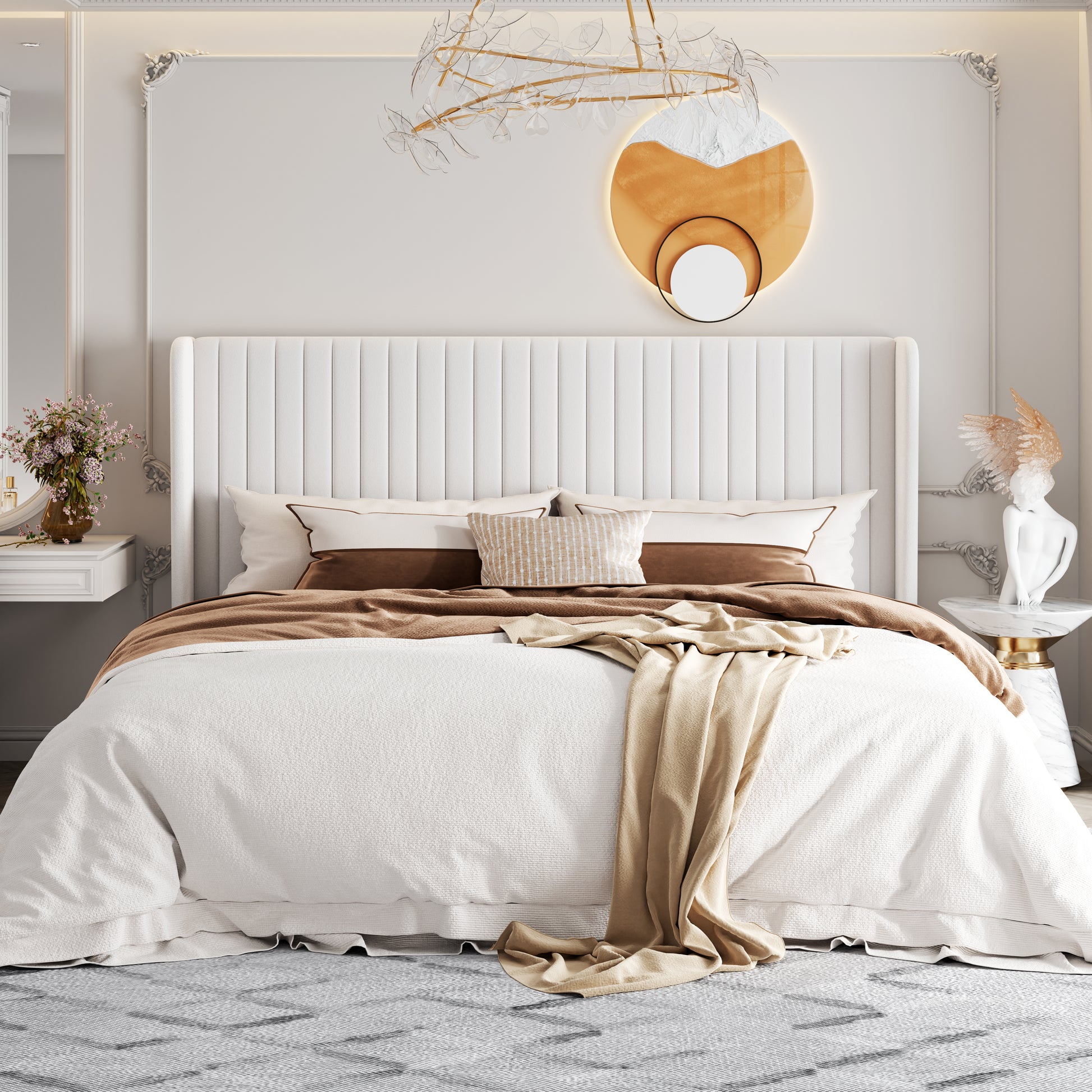 Einfach Upholstered Bed Frame with Wingback Headboard, Vertical Tufted, Velvet Finish