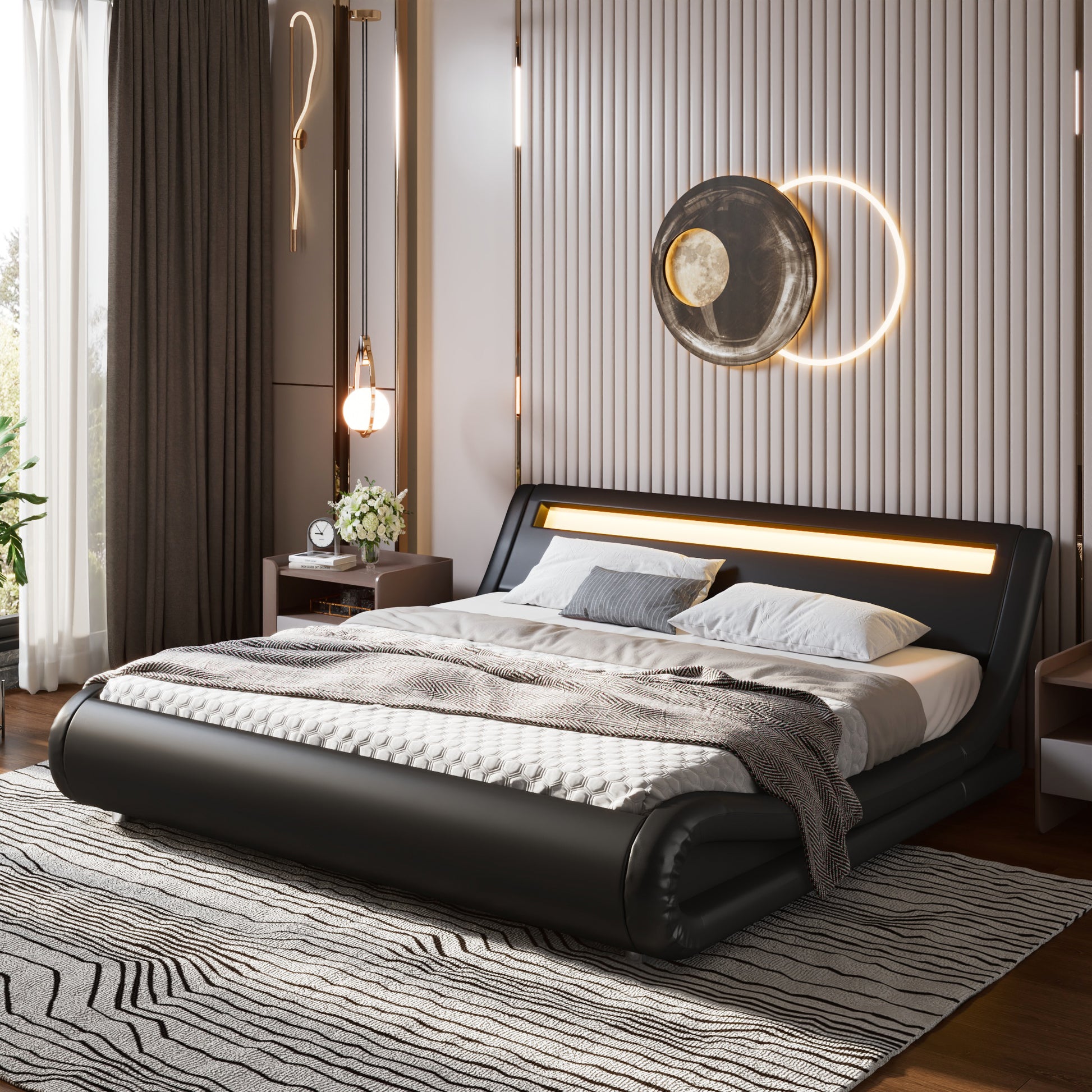 Einfach Faux Leather LED Sleigh Bed with Functional Headboard