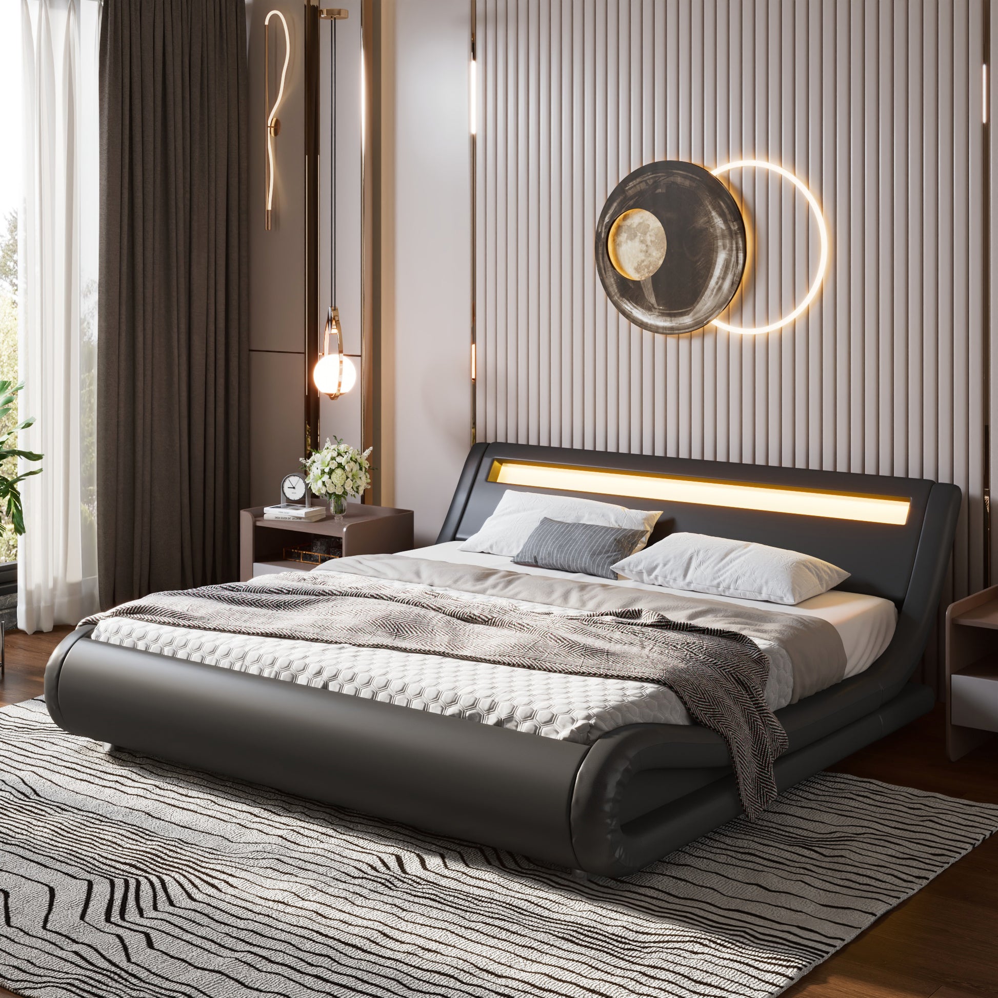 Einfach Faux Leather LED Sleigh Bed with Functional Headboard