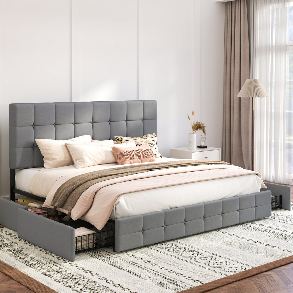 Einfach Linen Fabirc Platform Bed with 4 Big Storage Drawers, Adjustable Headboard