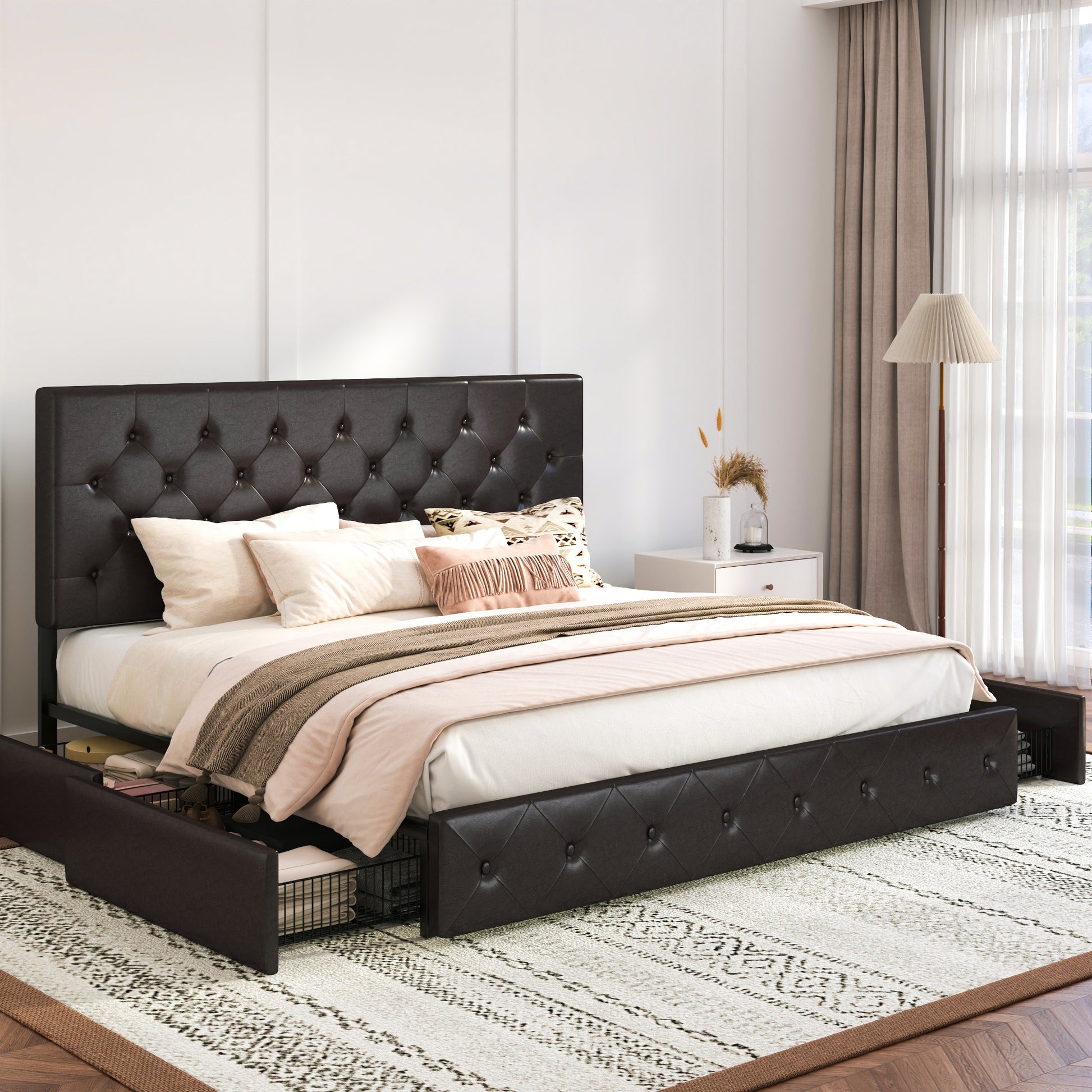 Einfach PU Leather Platform Bed with 4 Big Storage Drawers, Diamond Button Tufted Adjustable Headboard