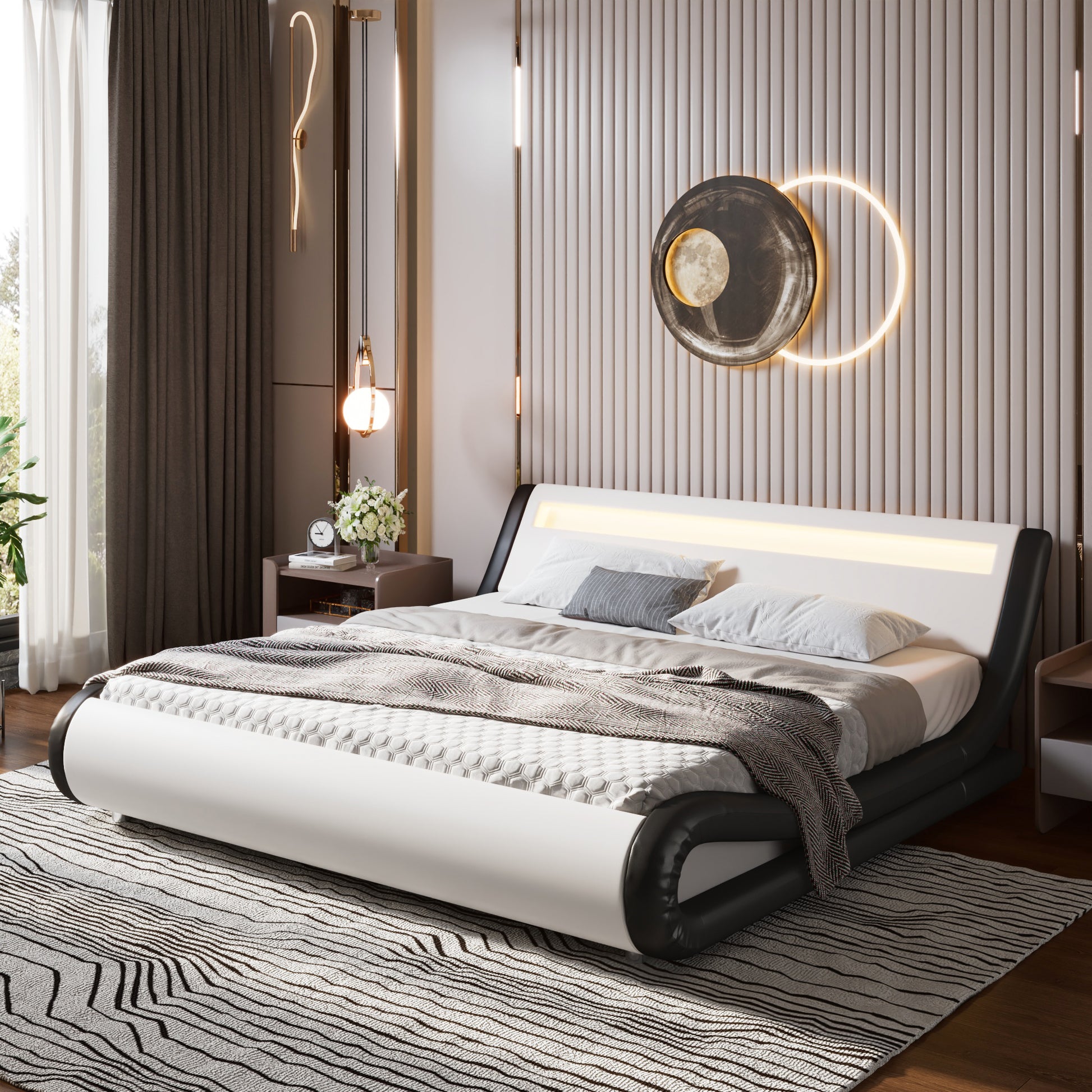 Einfach Faux Leather LED Sleigh Bed with Functional Headboard