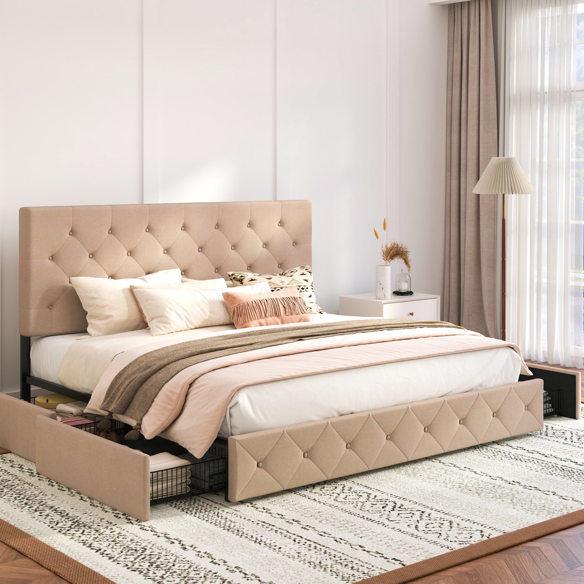 Einfach Linen Fabirc Platform Bed with 4 Big Storage Drawers, Adjustable Headboard