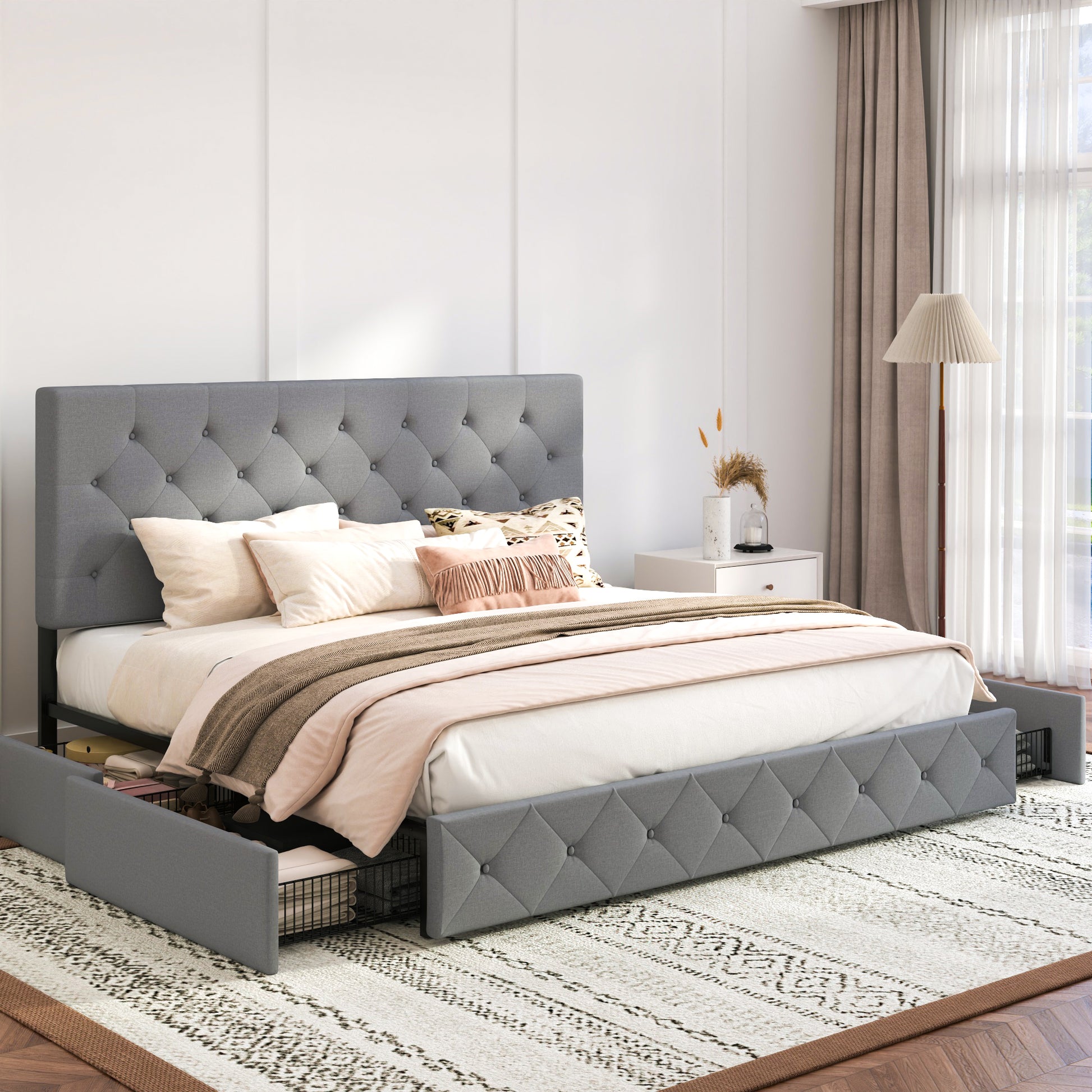 Einfach Linen Fabirc Platform Bed with 4 Big Storage Drawers, Adjustable Headboard