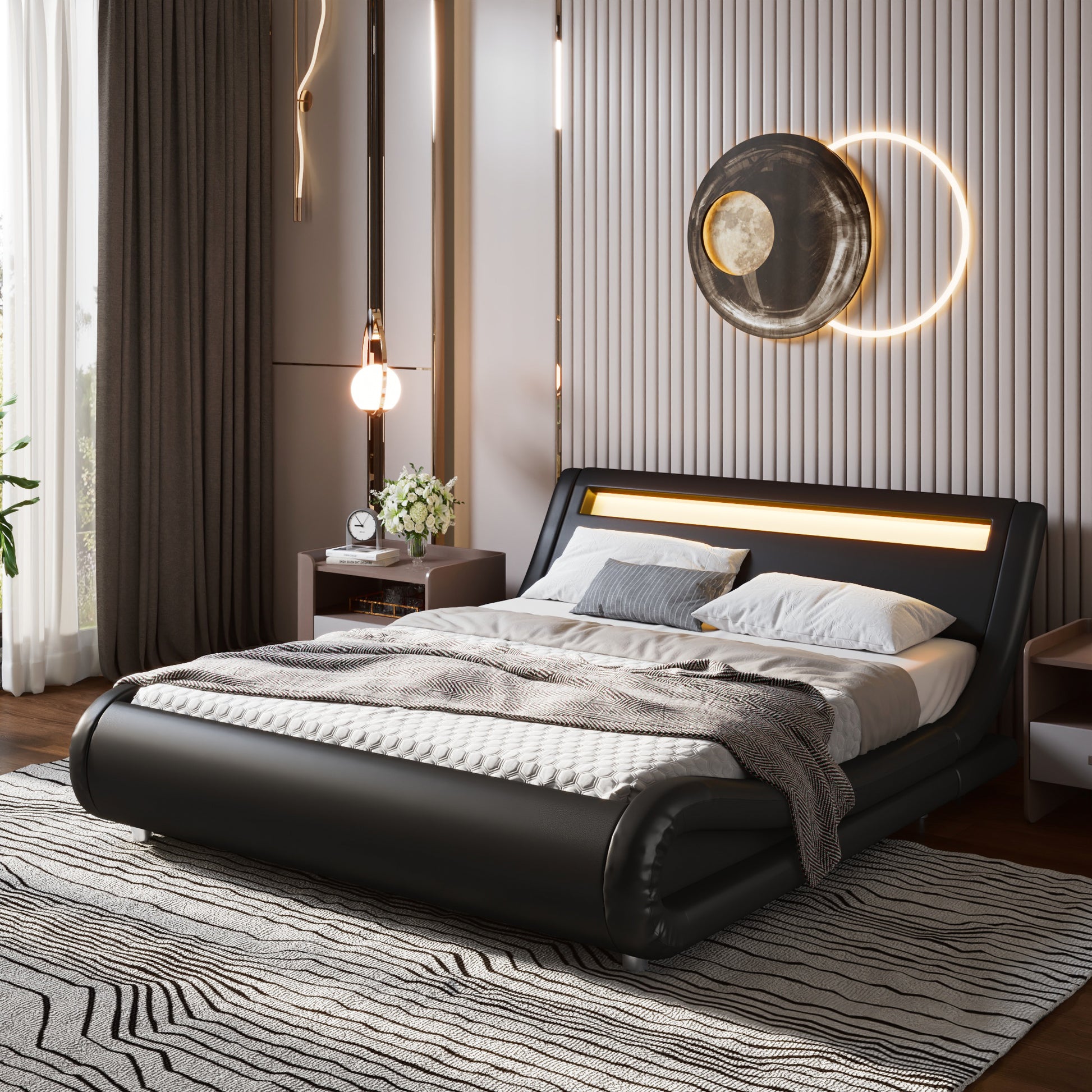 Einfach Faux Leather LED Sleigh Bed with Functional Headboard