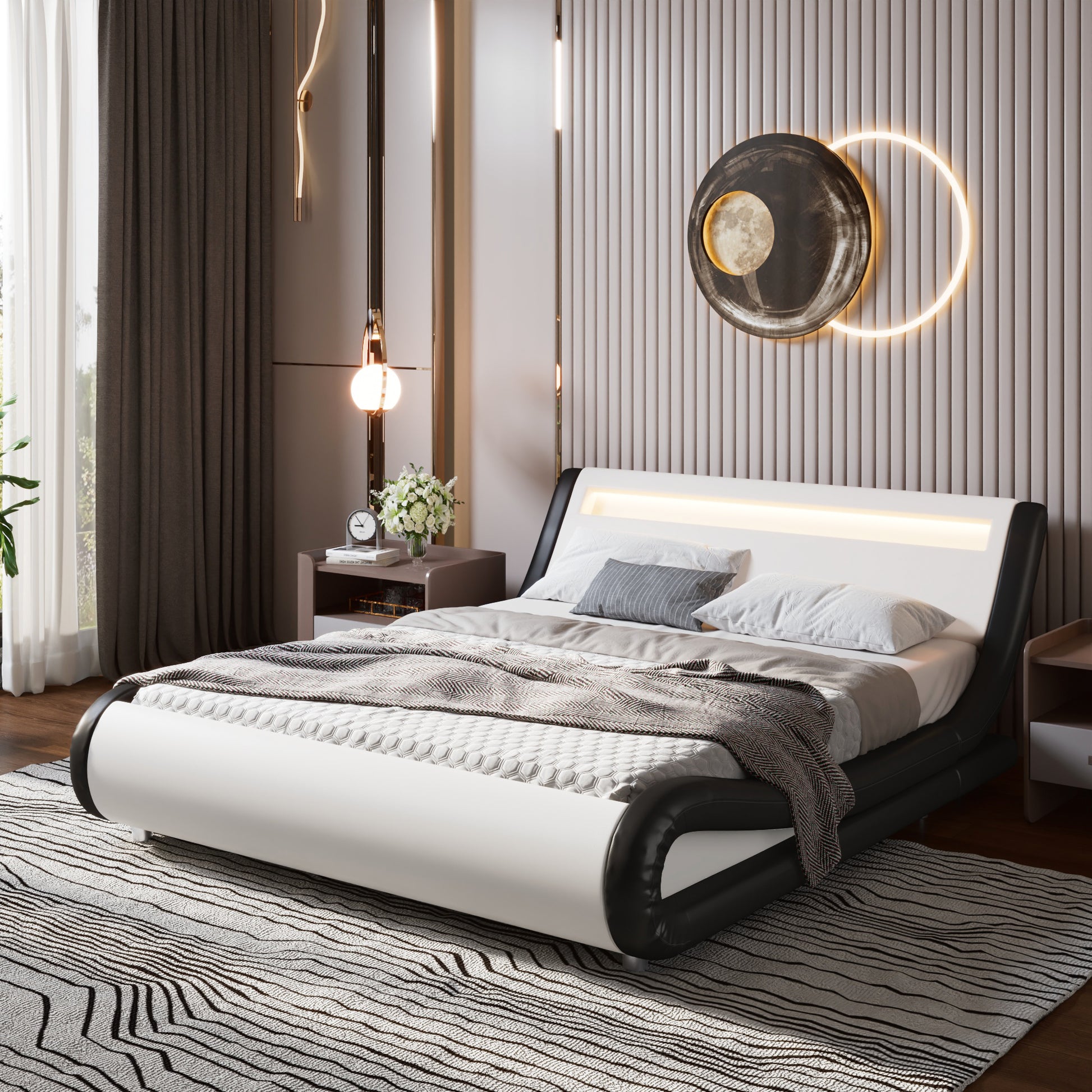 Einfach Faux Leather LED Sleigh Bed with Functional Headboard