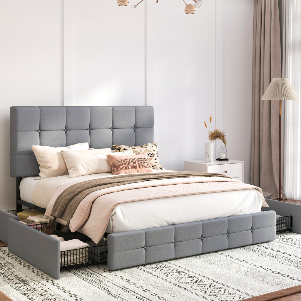 Einfach Linen Fabirc Platform Bed with 4 Big Storage Drawers, Adjustable Headboard