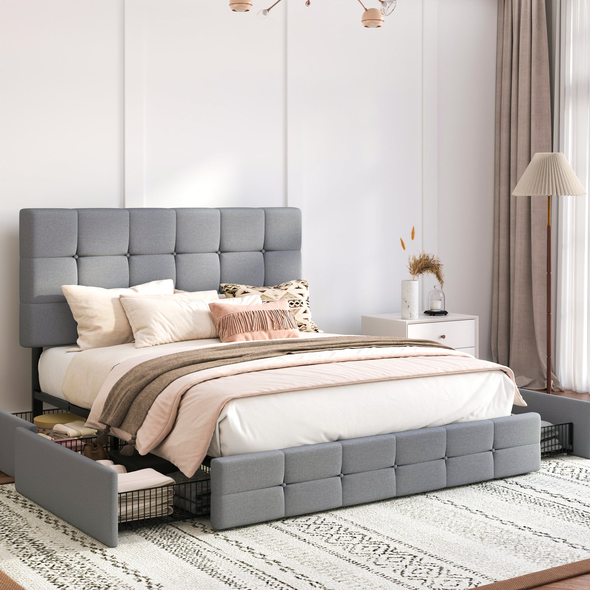 Einfach Linen Fabirc Platform Bed with 4 Big Storage Drawers, Adjustable Headboard
