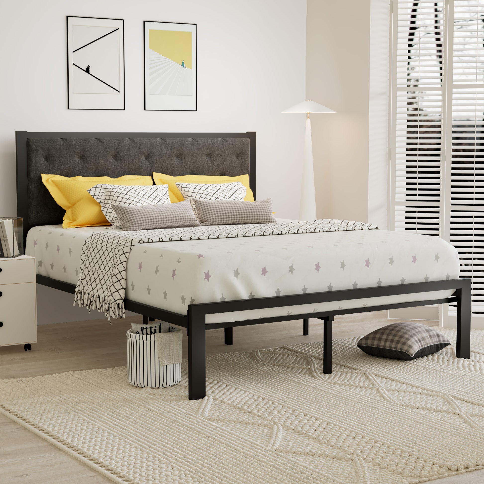 Einfach Fabric Platform Bed frame with Button-Tufted Headboard, Dark Grey