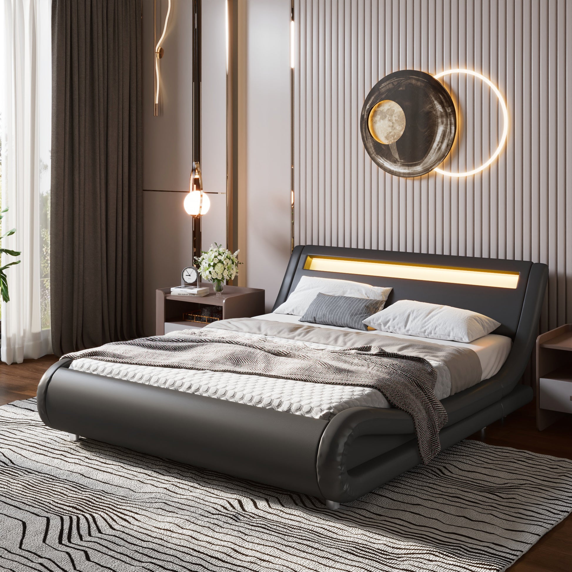 Einfach Faux Leather LED Sleigh Bed with Functional Headboard