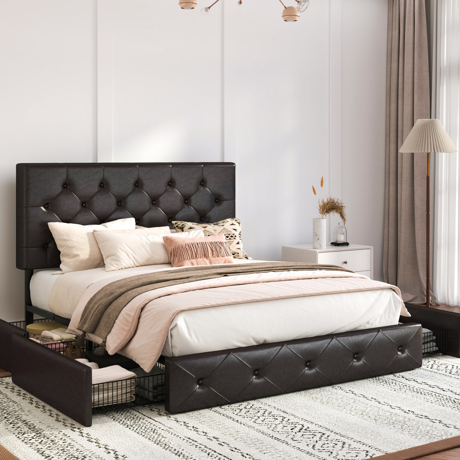 Einfach PU Leather Platform Bed with 4 Big Storage Drawers, Diamond Button Tufted Adjustable Headboard