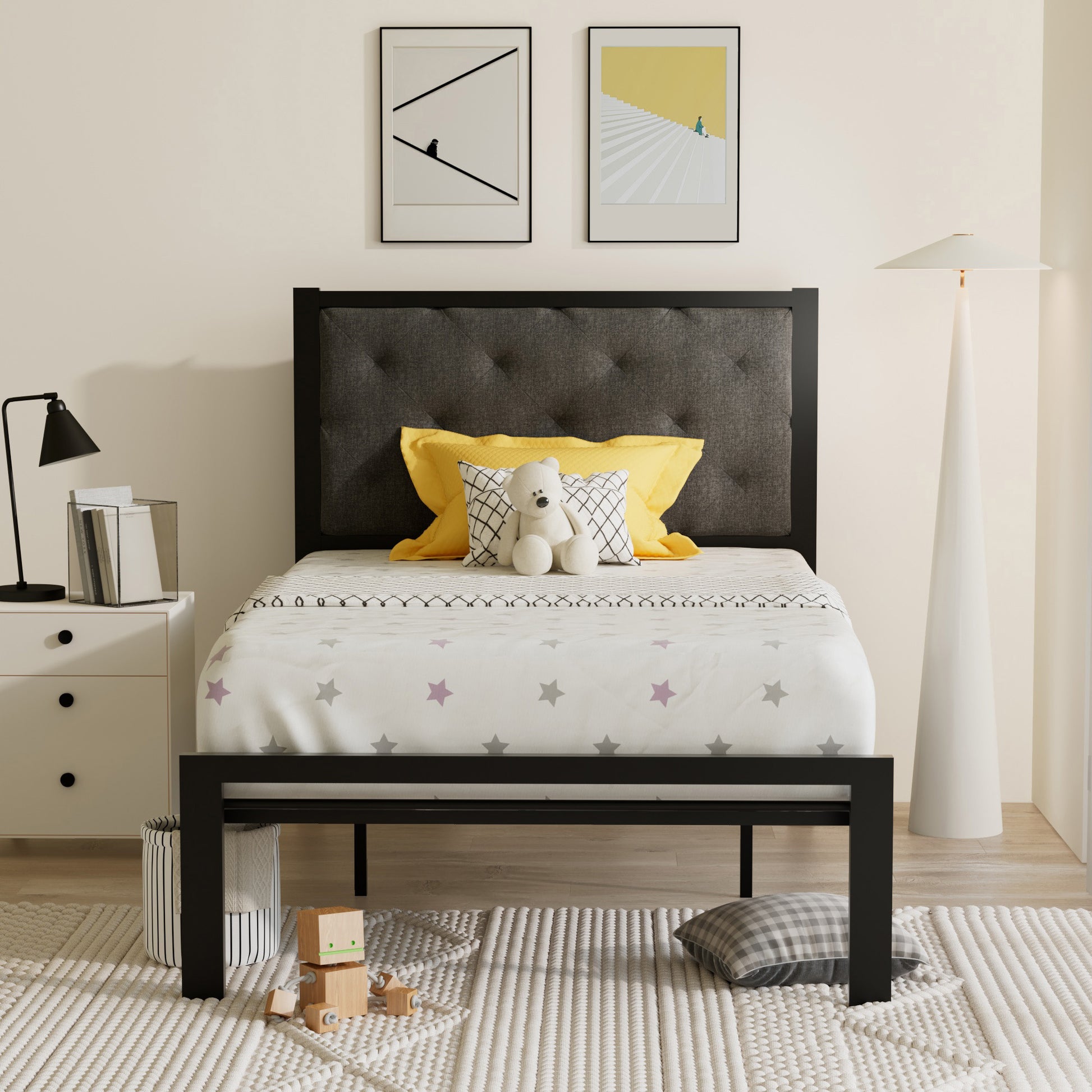 Einfach Fabric Platform Bed frame with Button-Tufted Headboard, Dark Grey