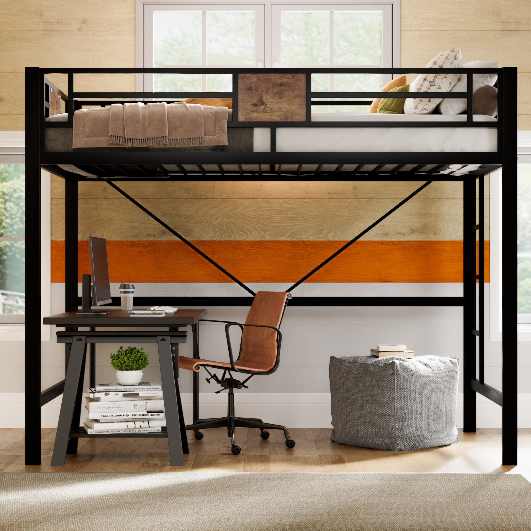 Einfach Twin Size Loft Bed Frame with 13''Fully Enclosed Guardrail and Removable Ladders, Black