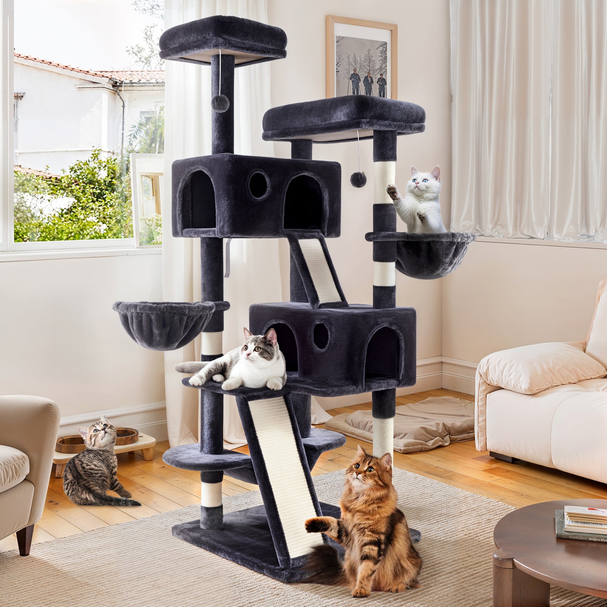 Einfach 65.7" Large Cat Tree and Tower Condo House with Hammock, 2 Scratching Boards & 5 Scratching Posts