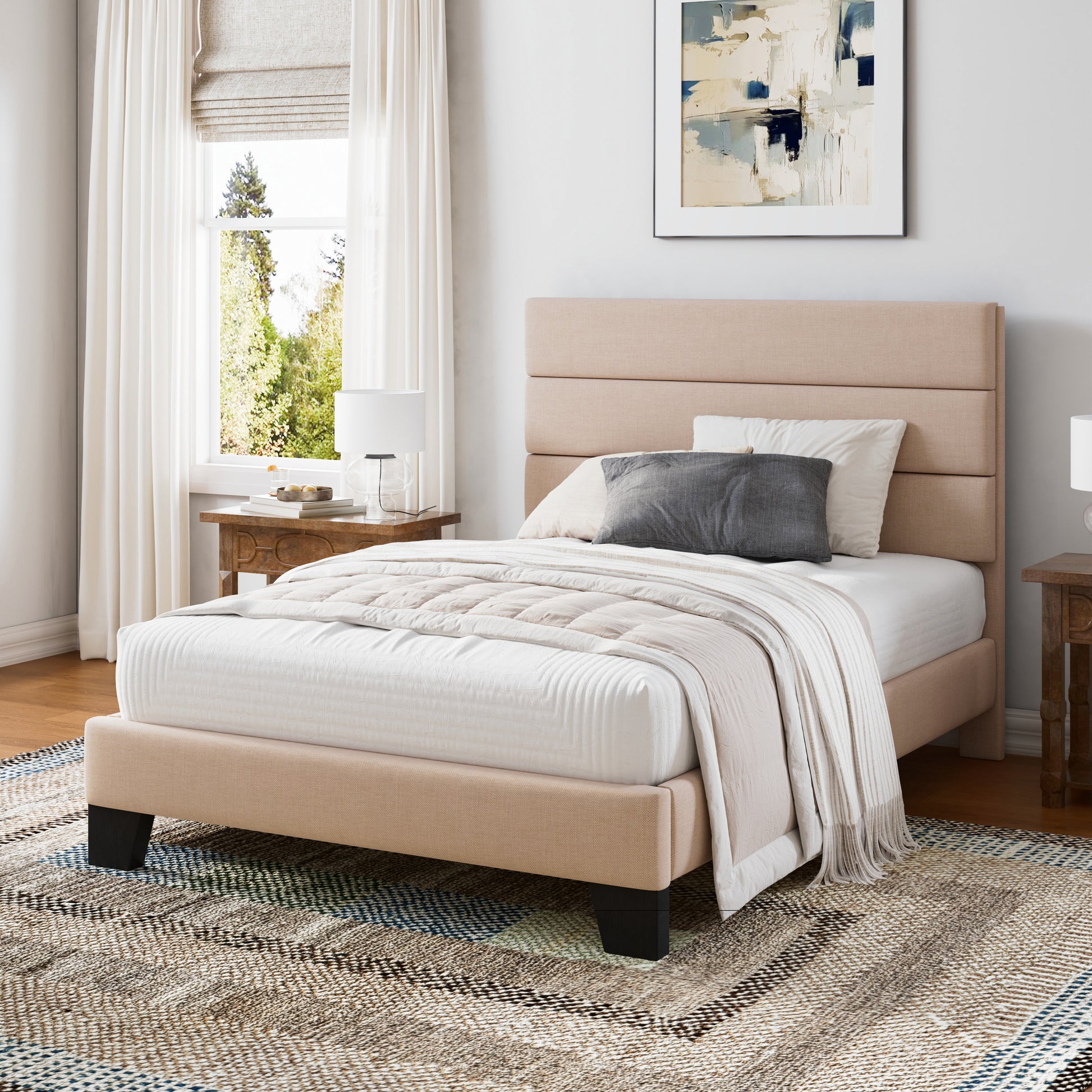Einfach Bed Frame, Platform Bed Frame with Panel Upholstered Headboard