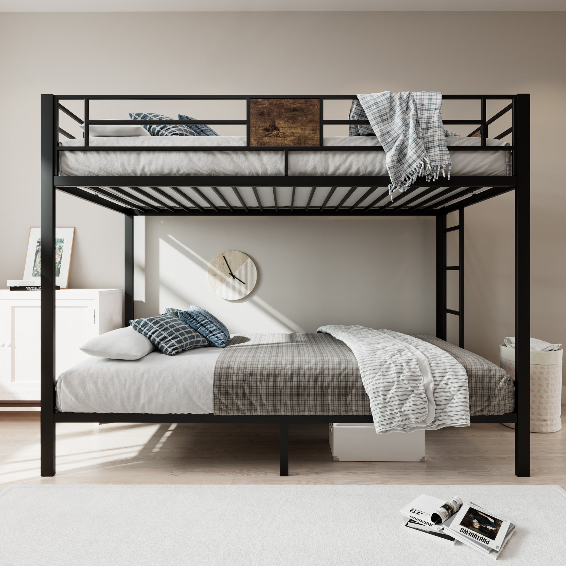 Einfach Twin over Twin Bunk Bed Frame with 13''Fully Enclosed Guardrail and Removable Ladders, Black