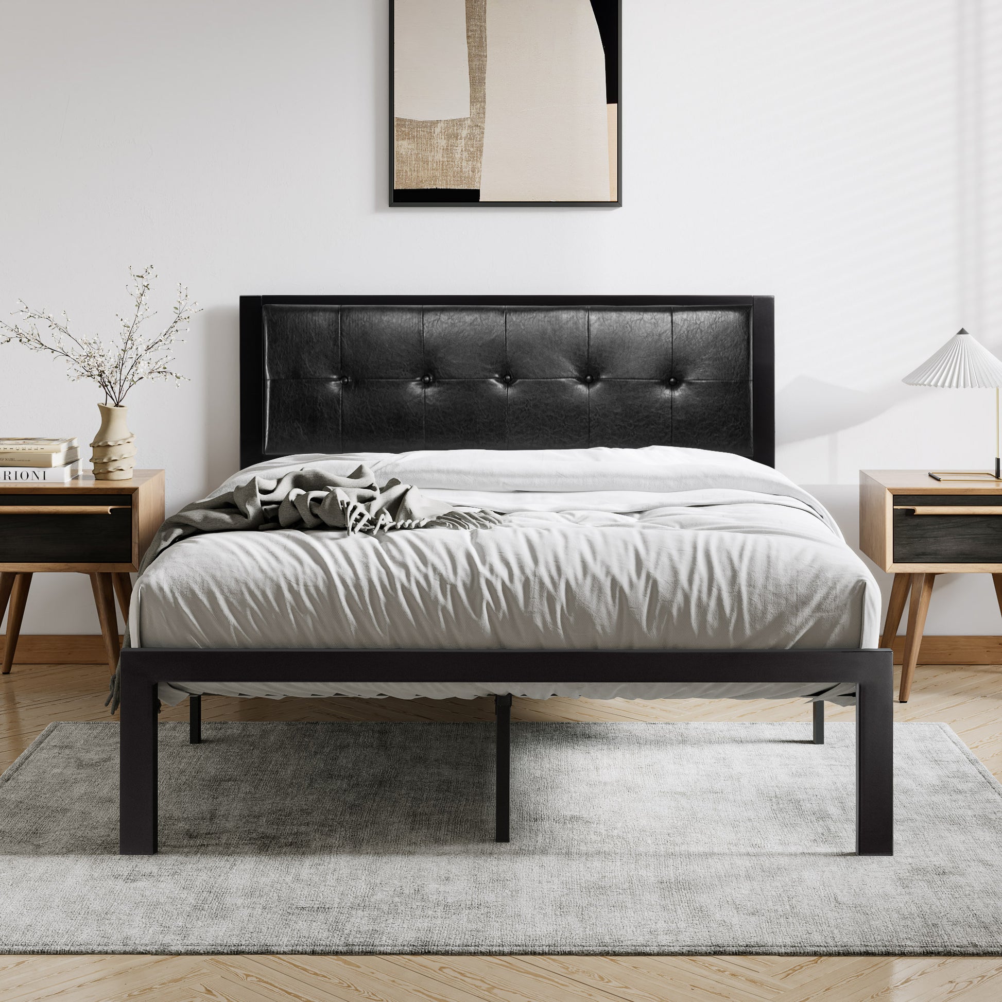 Einfach Platform Bed with Button Tufted Square Stitched Headboard