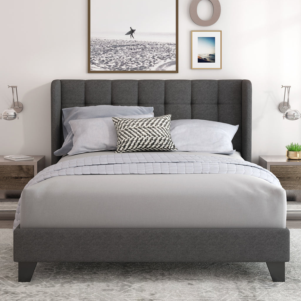 Einfach Linen Fabric Platform Bed with Upholstered Wingback Headboard