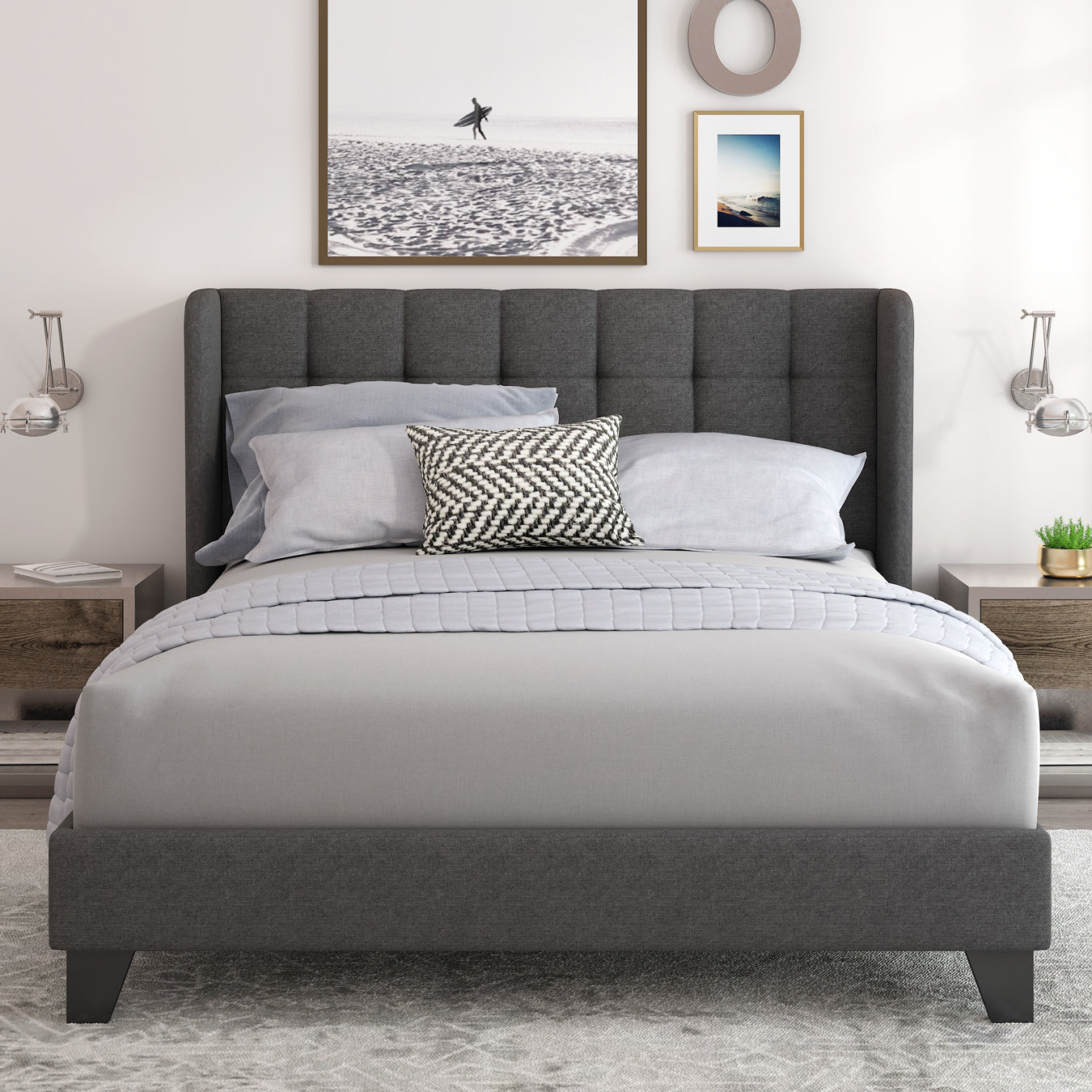 Einfach Linen Fabric Platform Bed with Upholstered Wingback Headboard