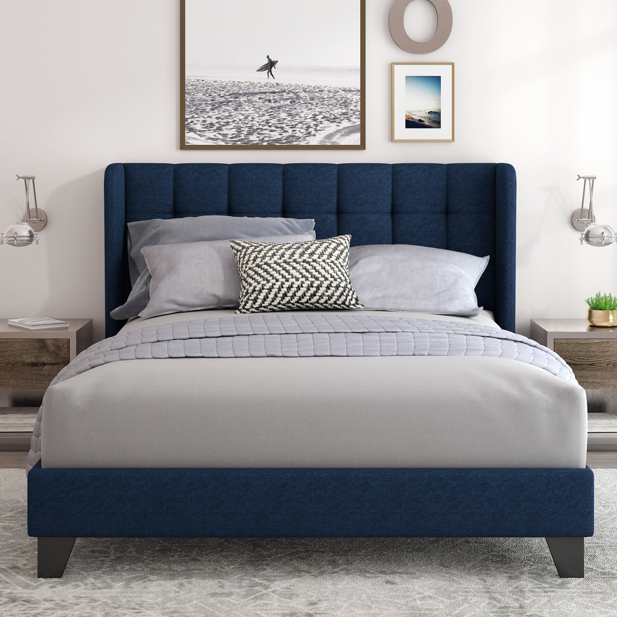 Einfach Linen Fabric Platform Bed with Upholstered Wingback Headboard
