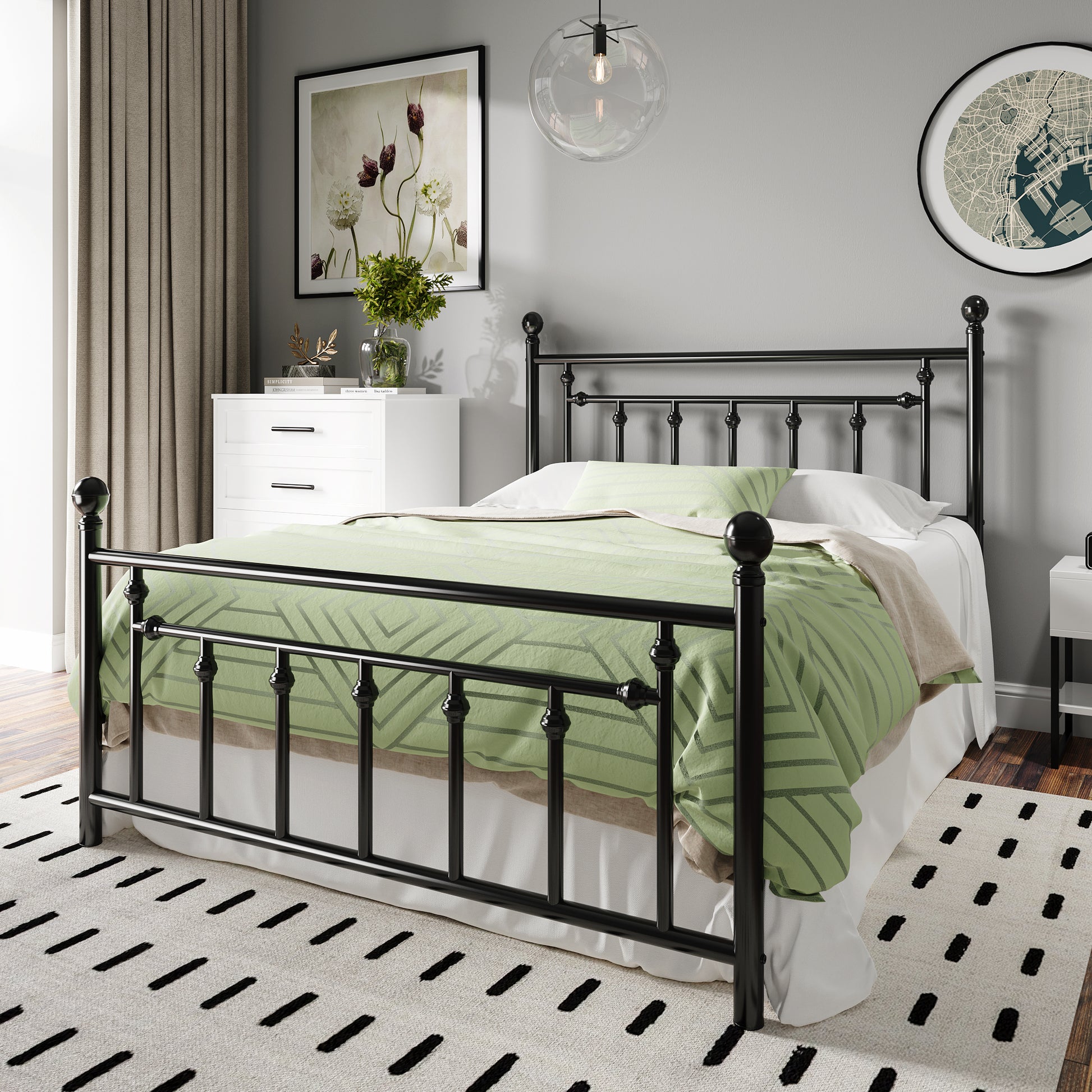 Einfach Bed Frame with Victorian Style Iron-Art Headboard and Footboard