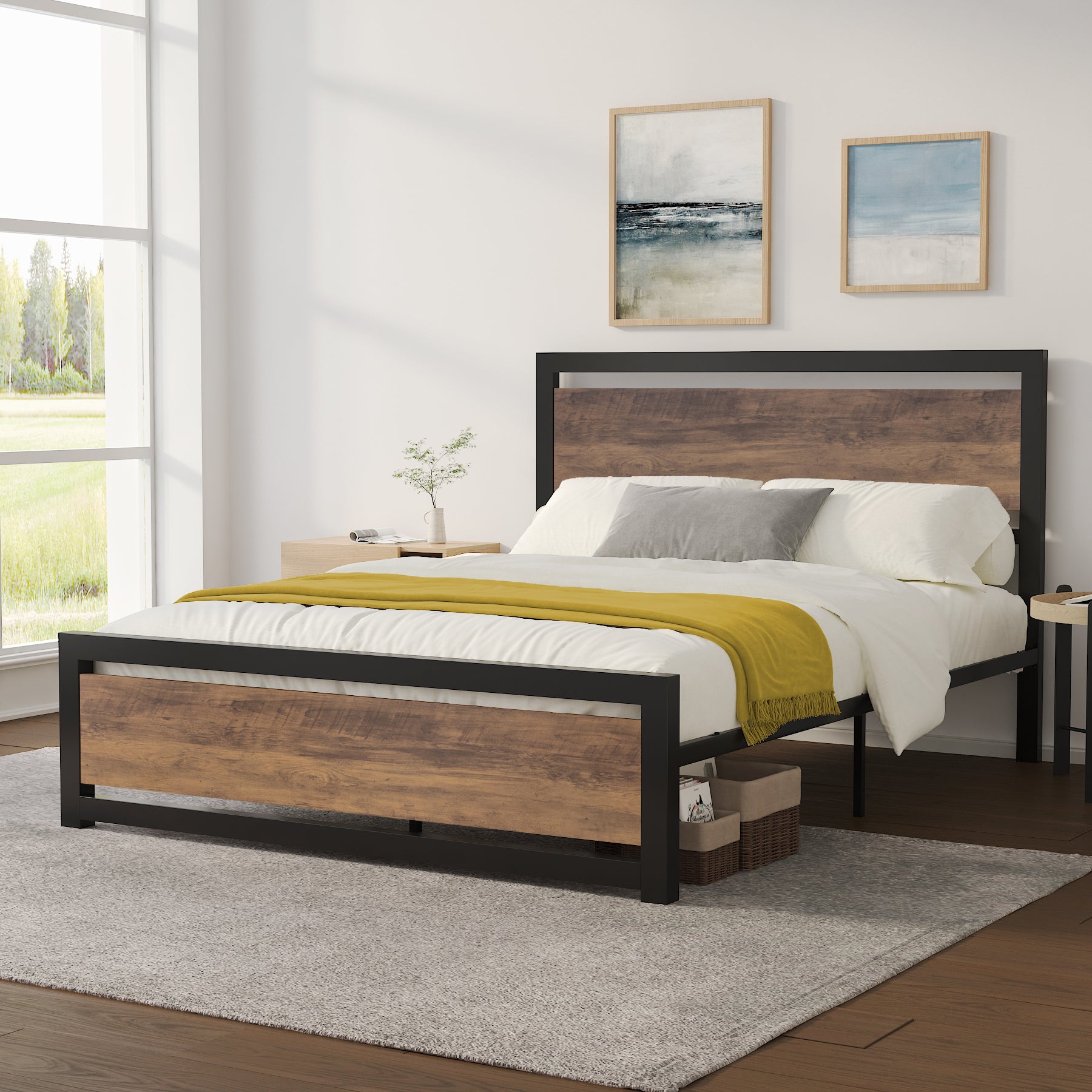 Einfach Metal Platform Bed Frame with Wooden Headboard & Footboard