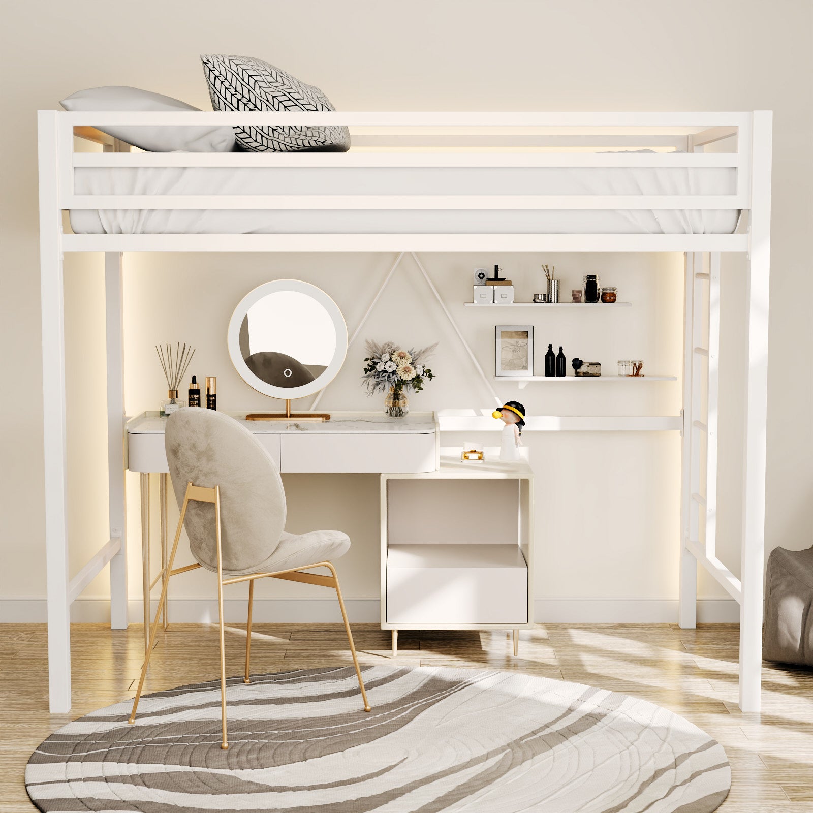 Einfach Metal Twin Size Loft Bed with Full-Length Guardrail & Removable Ladder