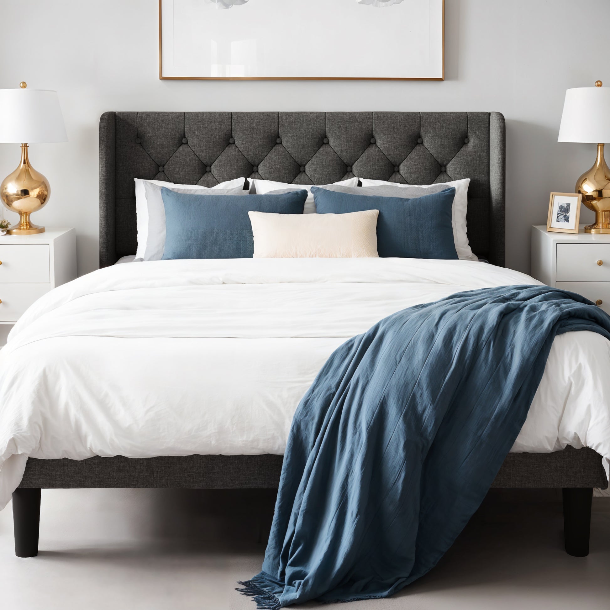 Einfach Upholstered Platform Bed with Classic Button Tufted Headboard, Wingback Design