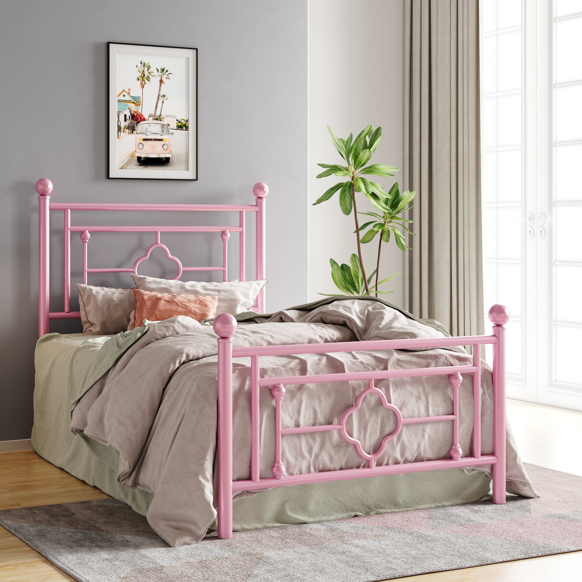 Einfach Heavy Metal Platfrom Bed Frame with Vintage Headboard Pattern
