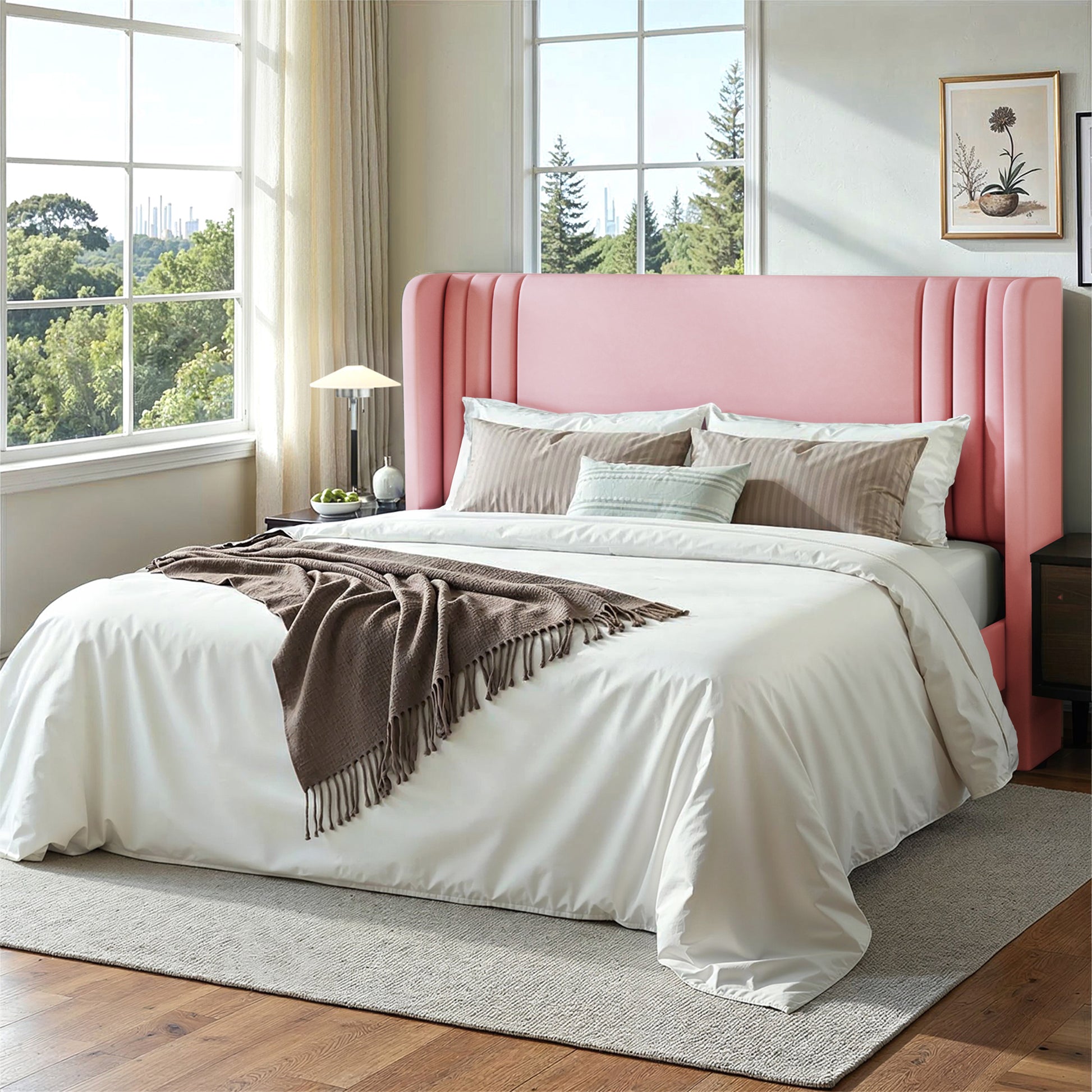 Einfach Einfach Upholstered Bed Frame, Platform Bed with Velvet Wingback Headboard