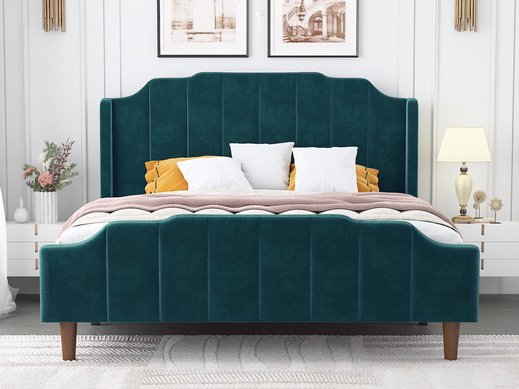 Einfach Queen Upholstered Platform Bed with Velvet Wingback