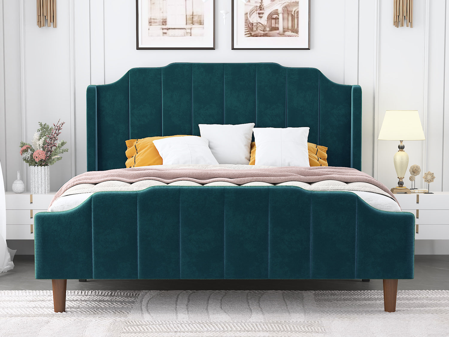 Einfach Queen Upholstered Platform Bed with Velvet Wingback