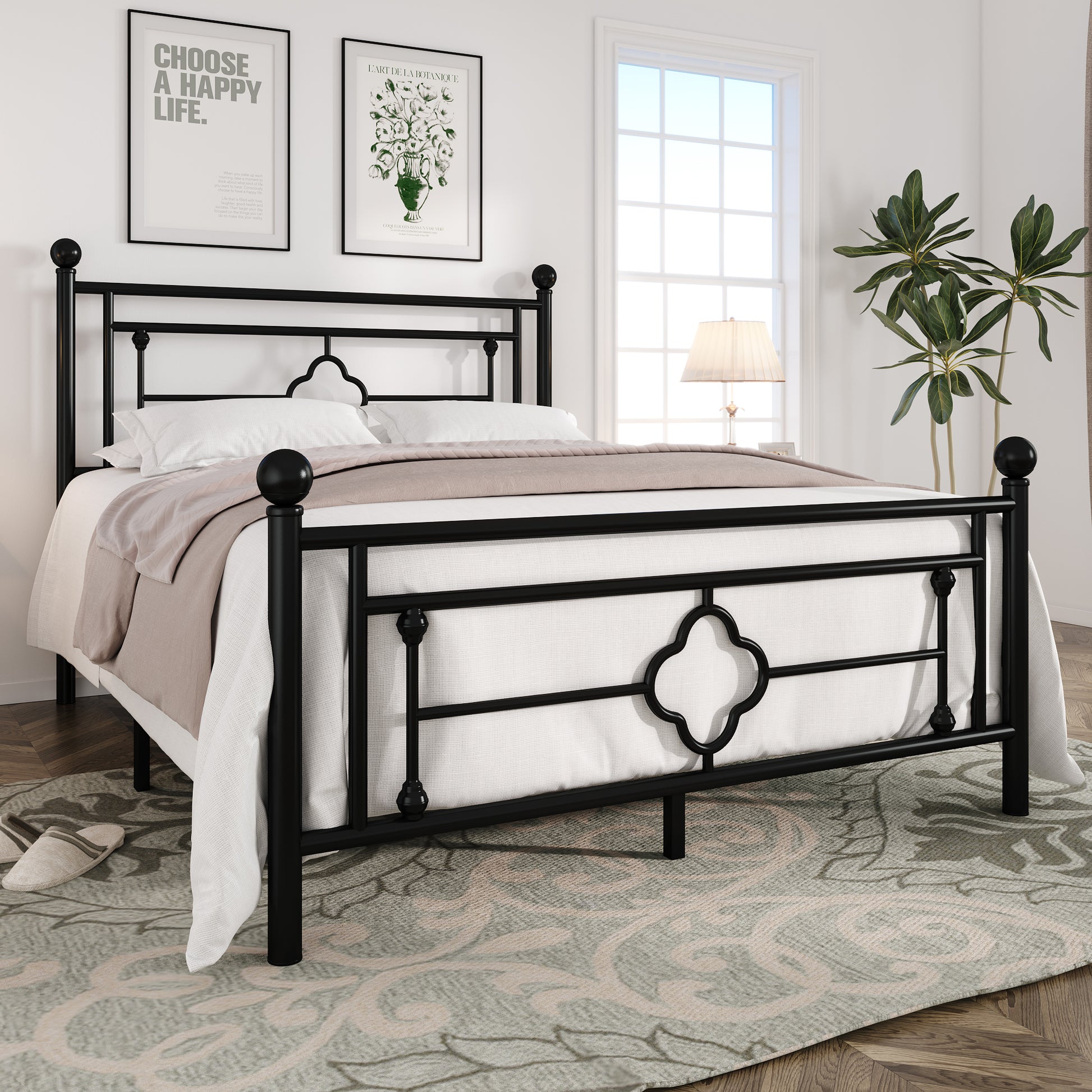 Einfach Heavy Metal Platfrom Bed Frame with Vintage Headboard Pattern