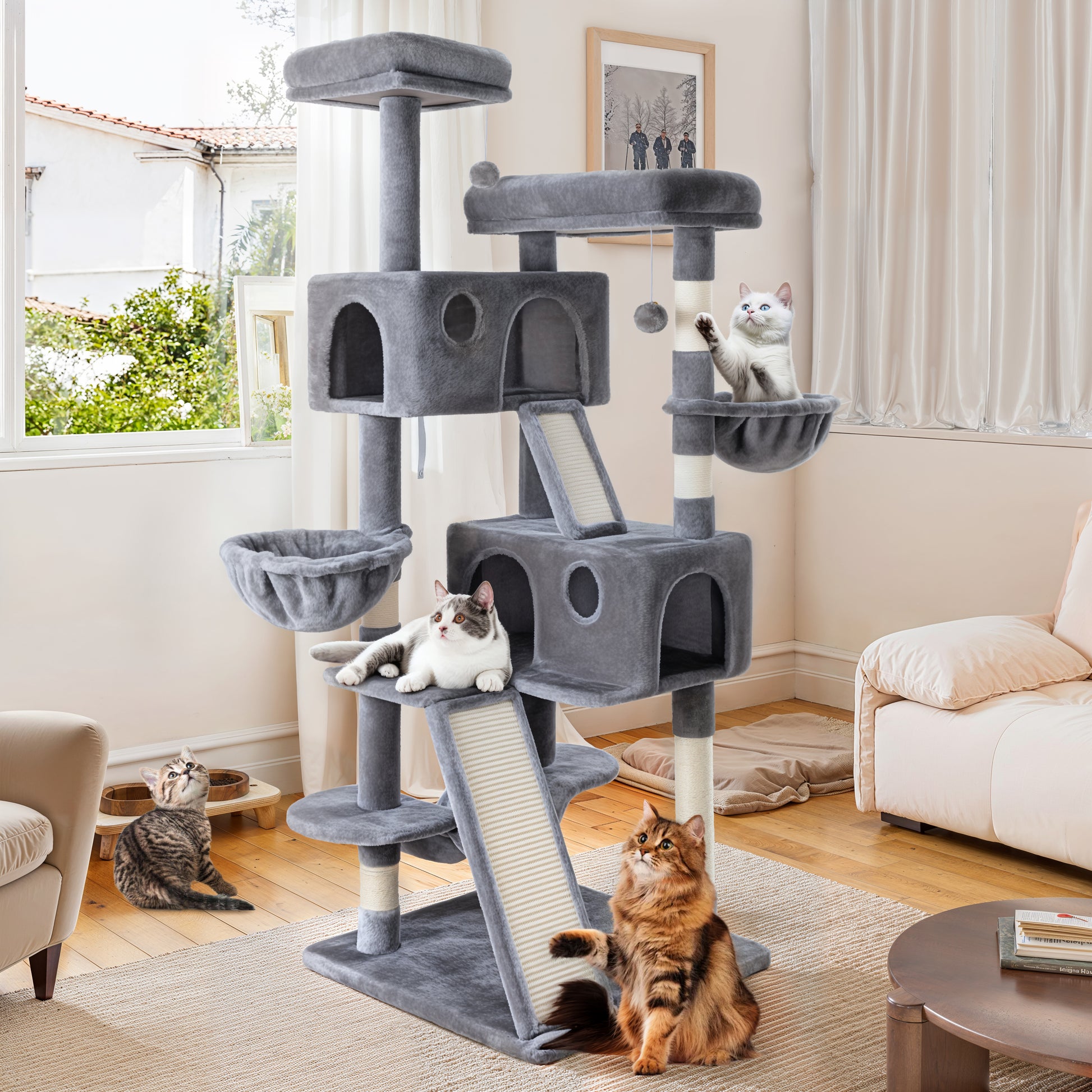 Einfach 65.7" Large Cat Tree and Tower Condo House with Hammock, 2 Scratching Boards & 5 Scratching Posts