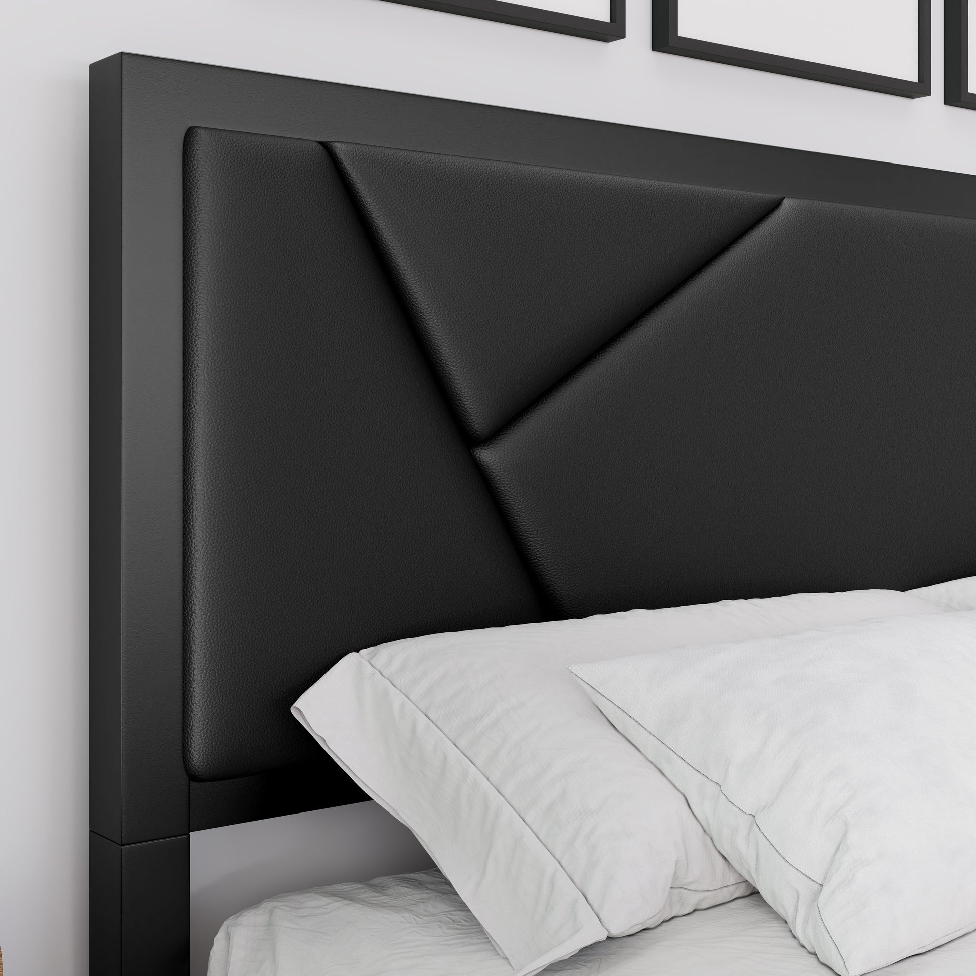 Einfach Bed Frame Geometric Litchi Grain Leather Upholstered Headboard, Black