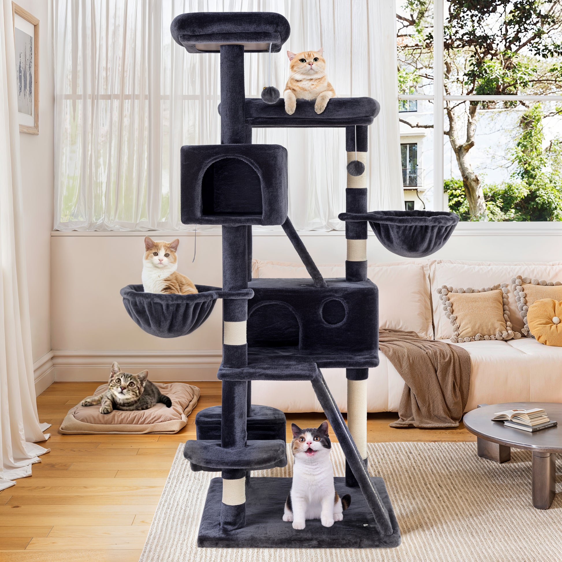 Einfach 65.7" Large Cat Tree and Tower Condo House with Hammock, 2 Scratching Boards & 5 Scratching Posts