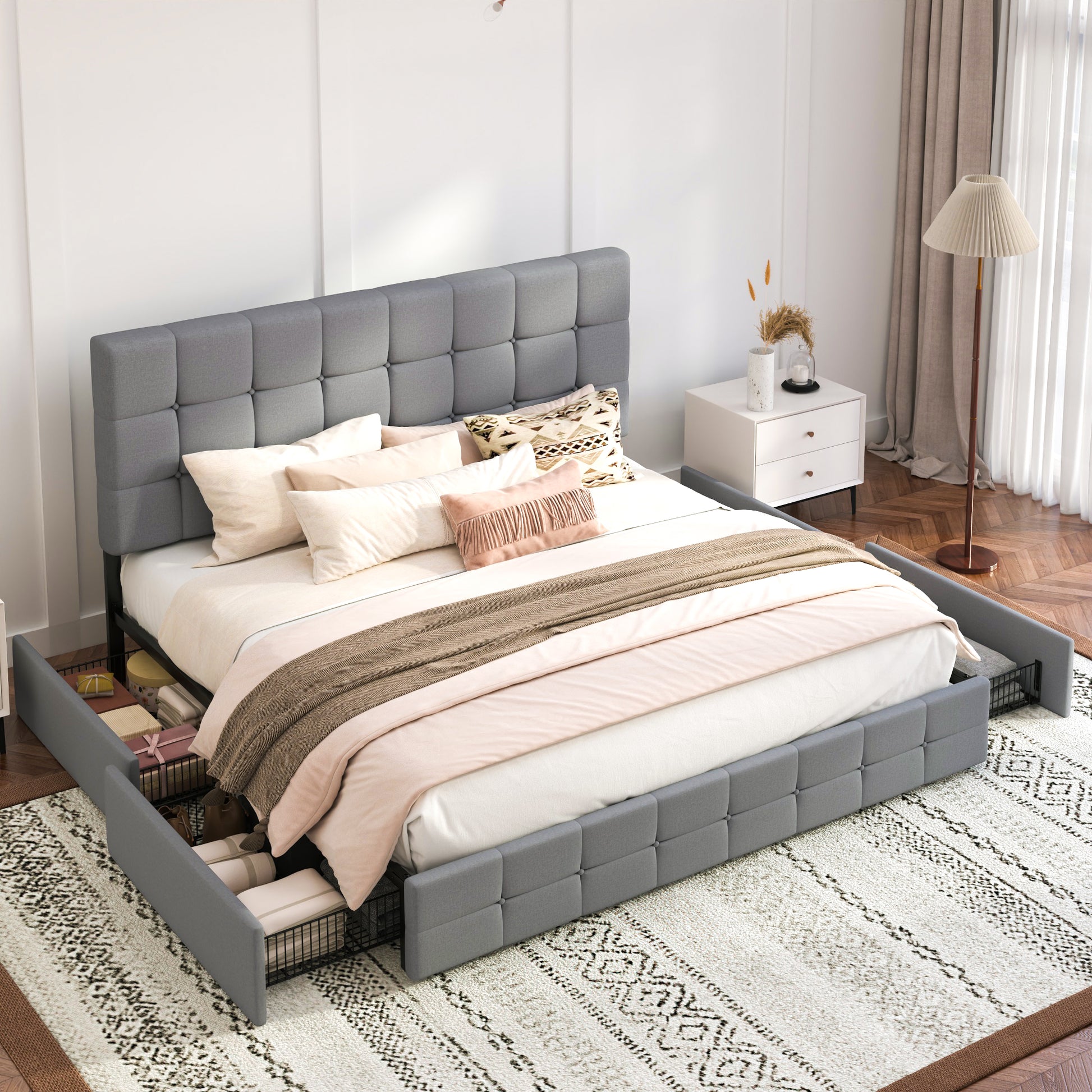 Einfach Linen Fabirc Platform Bed with 4 Big Storage Drawers, Adjustable Headboard