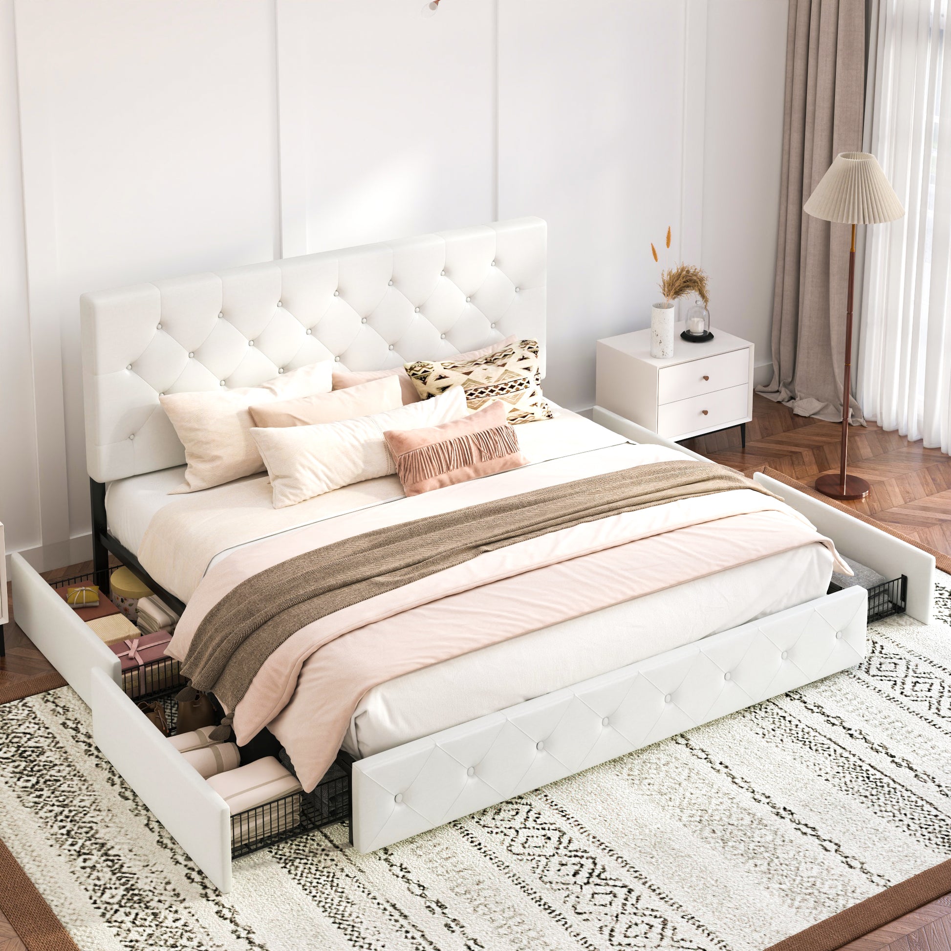 Einfach PU Leather Platform Bed with 4 Big Storage Drawers, Diamond Button Tufted Adjustable Headboard