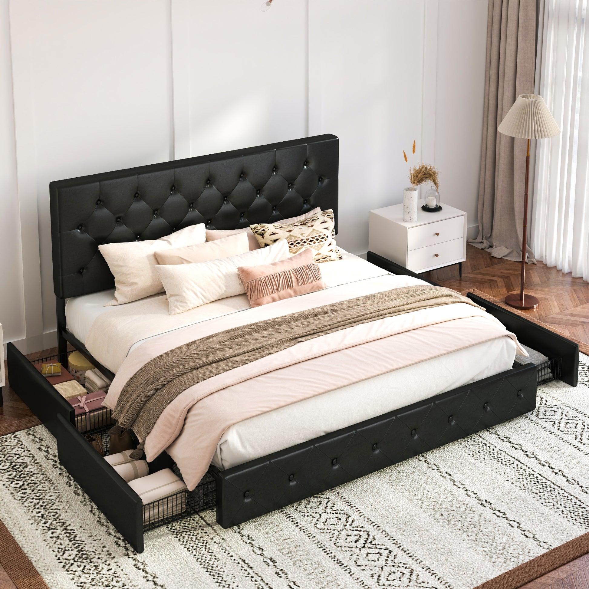 Einfach PU Leather Platform Bed with 4 Big Storage Drawers, Diamond Button Tufted Adjustable Headboard