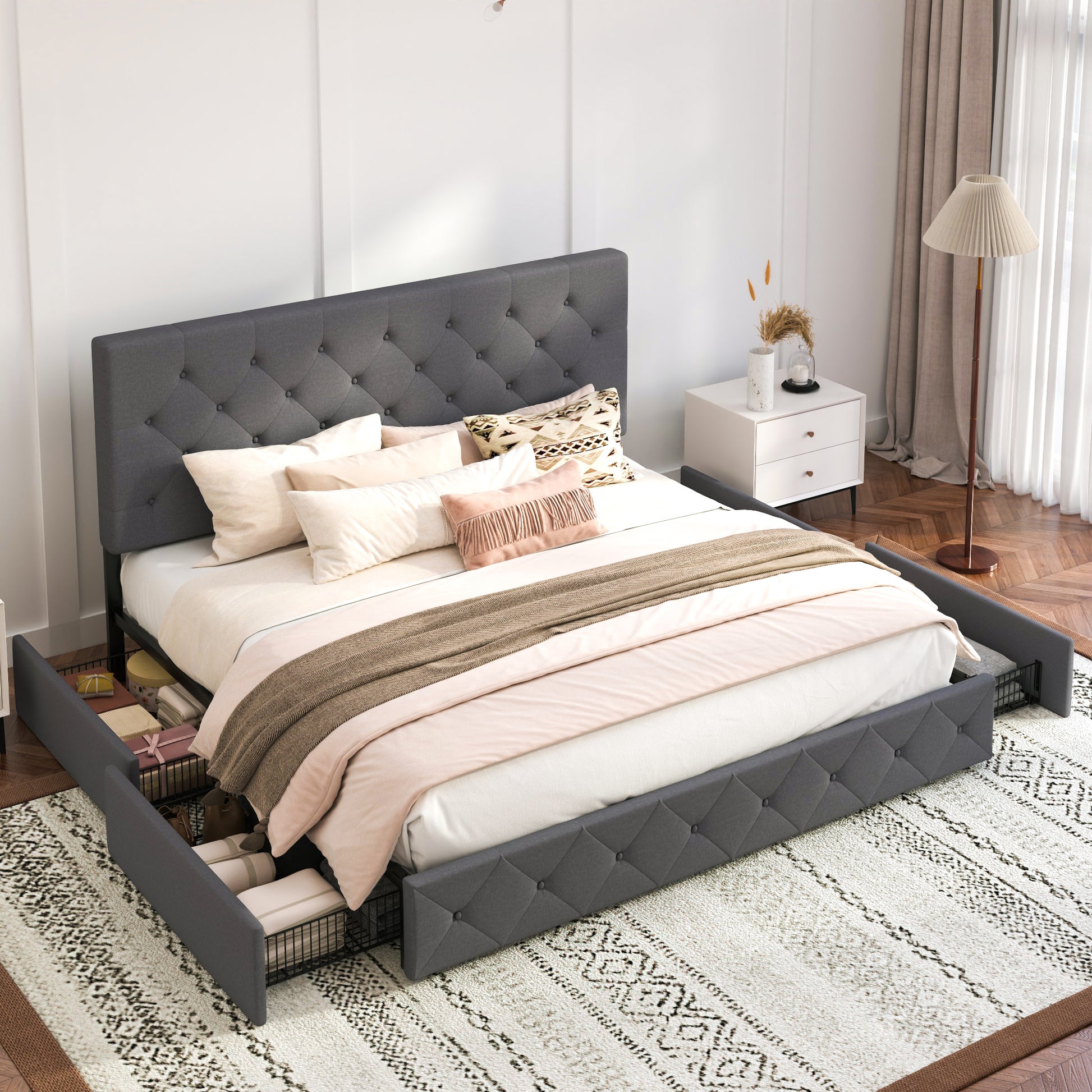 Einfach Linen Fabirc Platform Bed with 4 Big Storage Drawers, Adjustable Headboard