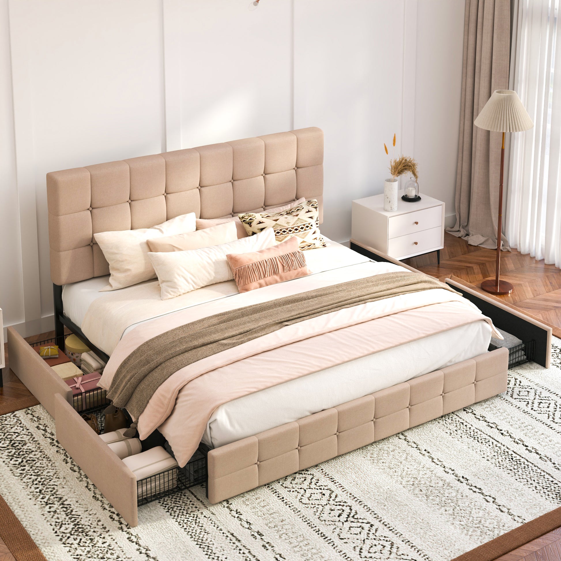 Einfach Linen Fabirc Platform Bed with 4 Big Storage Drawers, Adjustable Headboard
