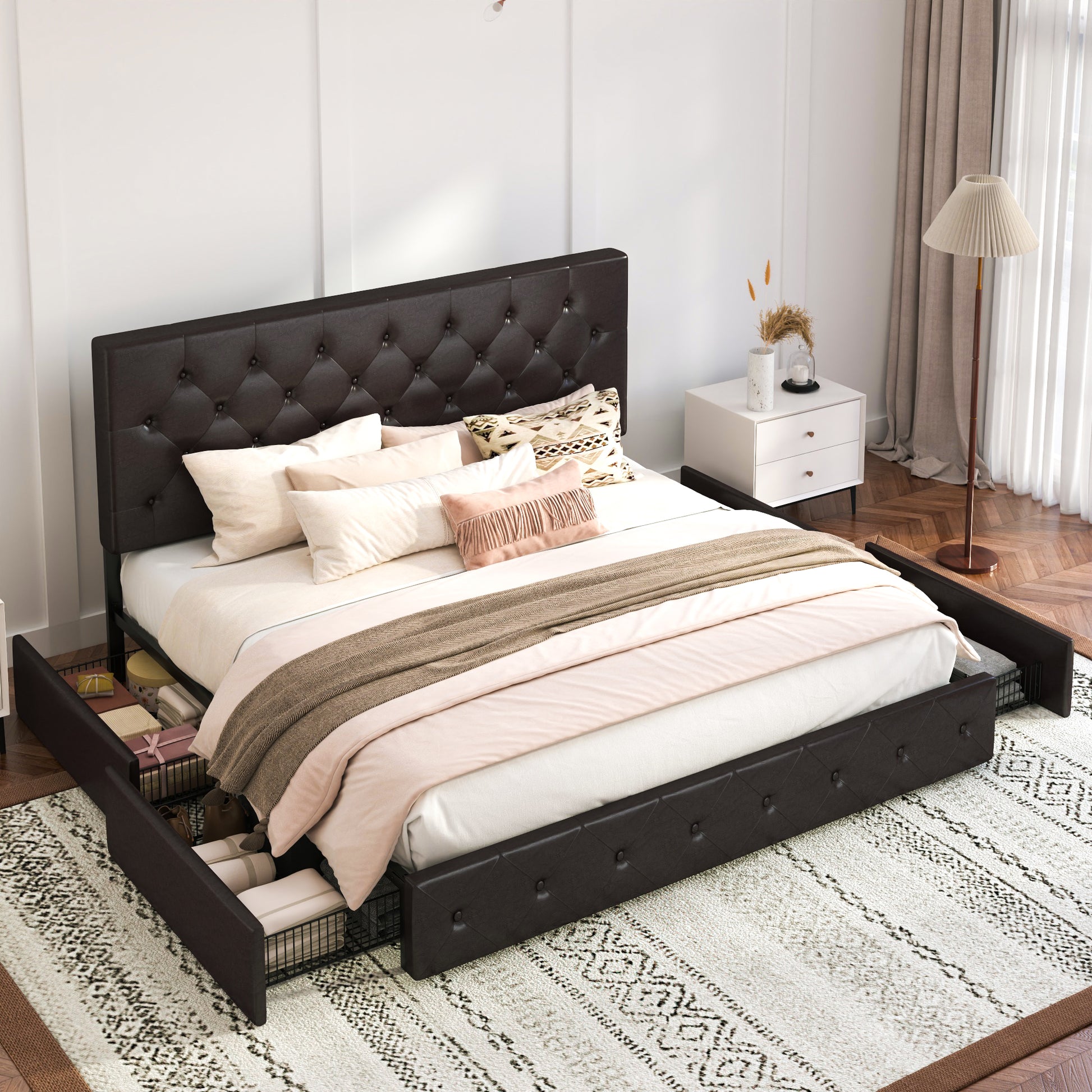 Einfach PU Leather Platform Bed with 4 Big Storage Drawers, Diamond Button Tufted Adjustable Headboard