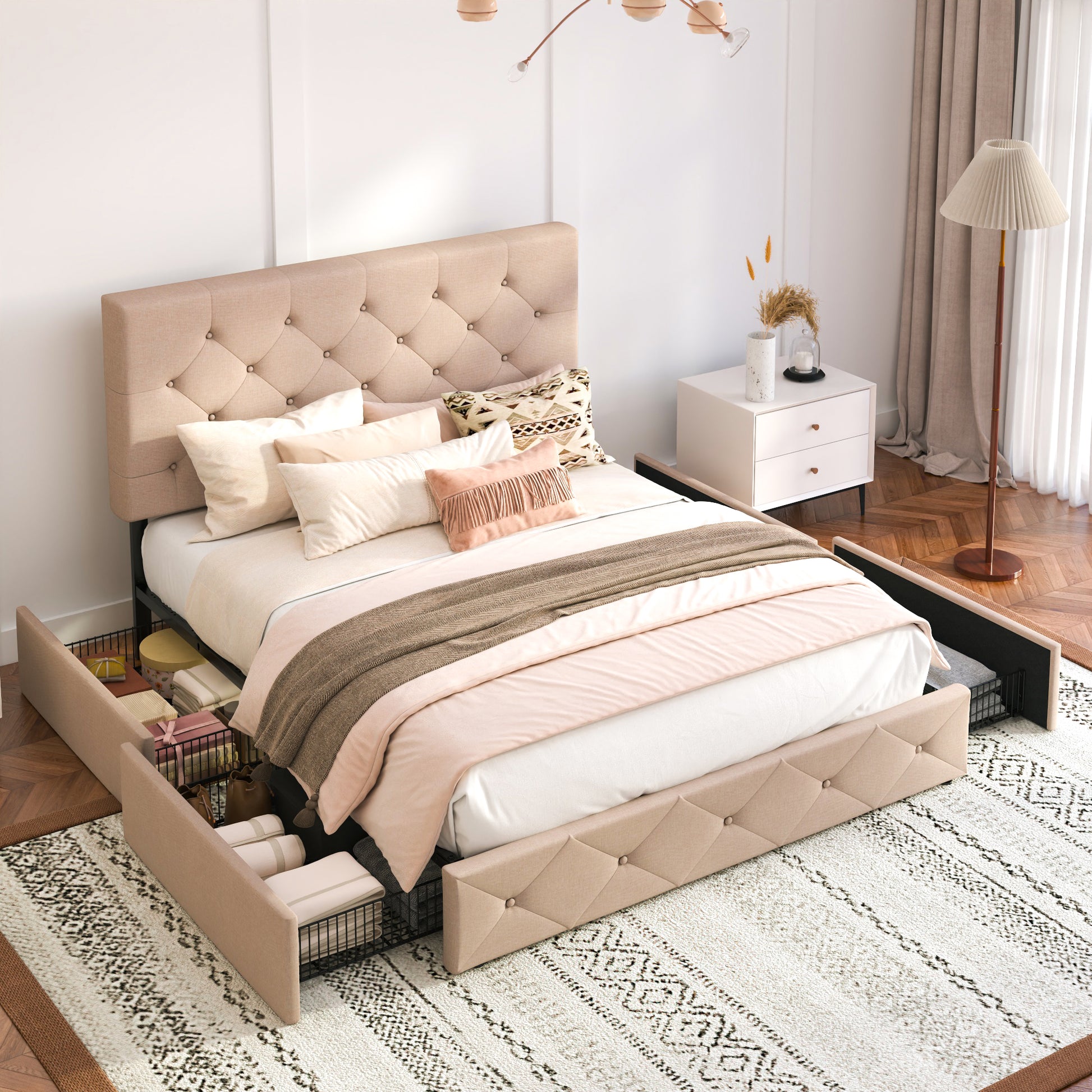 Einfach Linen Fabirc Platform Bed with 4 Big Storage Drawers, Adjustable Headboard
