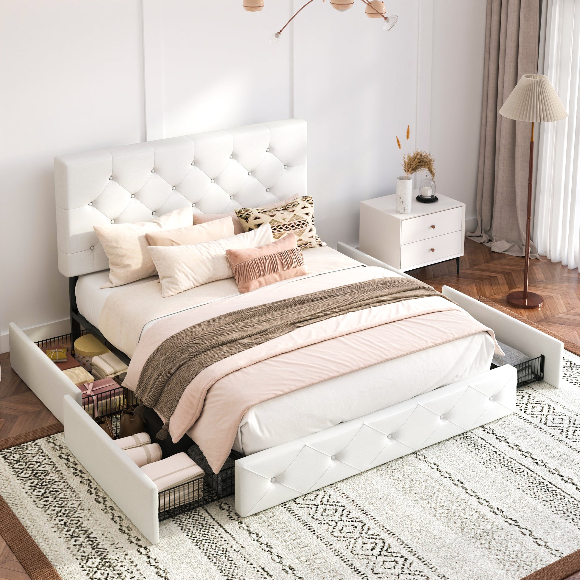 Einfach PU Leather Platform Bed with 4 Big Storage Drawers, Diamond Button Tufted Adjustable Headboard