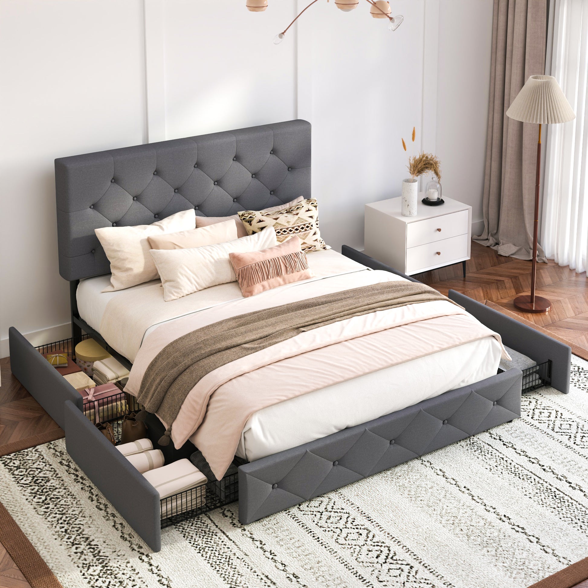 Einfach Linen Fabirc Platform Bed with 4 Big Storage Drawers, Adjustable Headboard