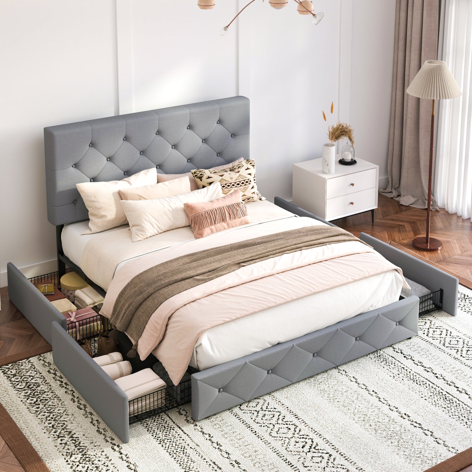 Einfach Linen Fabirc Platform Bed with 4 Big Storage Drawers, Adjustable Headboard