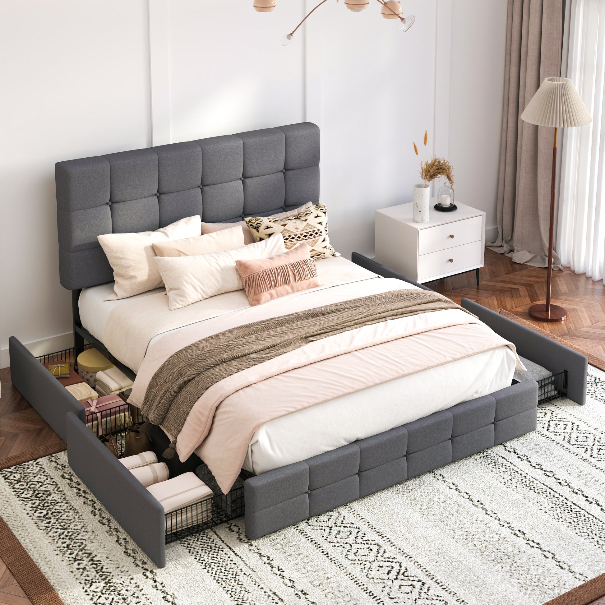 Einfach Linen Fabirc Platform Bed with 4 Big Storage Drawers, Adjustable Headboard