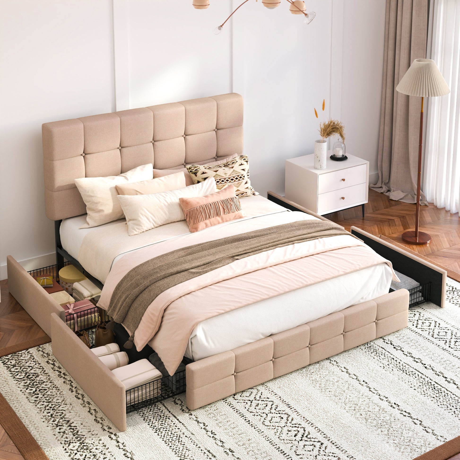 Einfach Linen Fabirc Platform Bed with 4 Big Storage Drawers, Adjustable Headboard