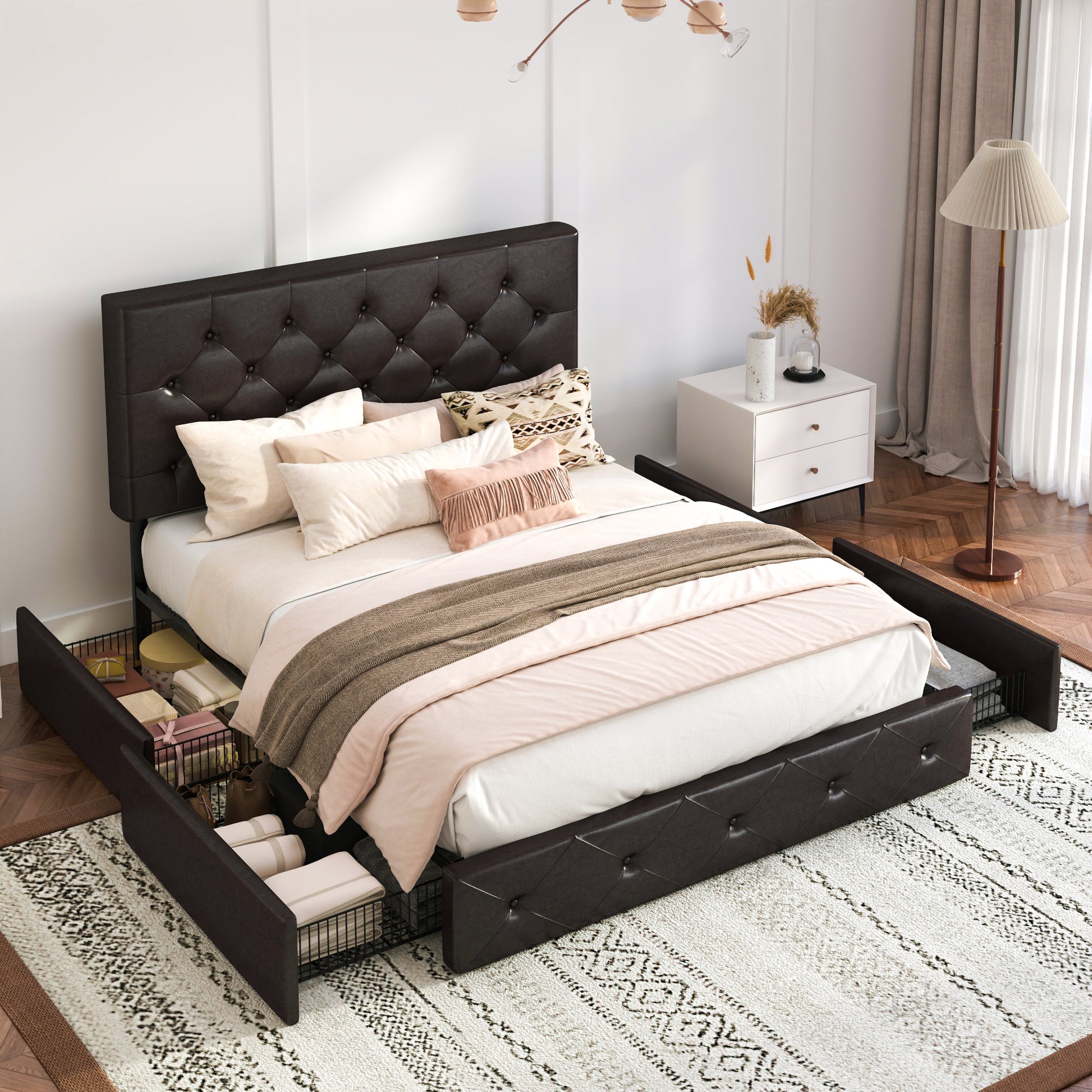 Einfach PU Leather Platform Bed with 4 Big Storage Drawers, Diamond Button Tufted Adjustable Headboard