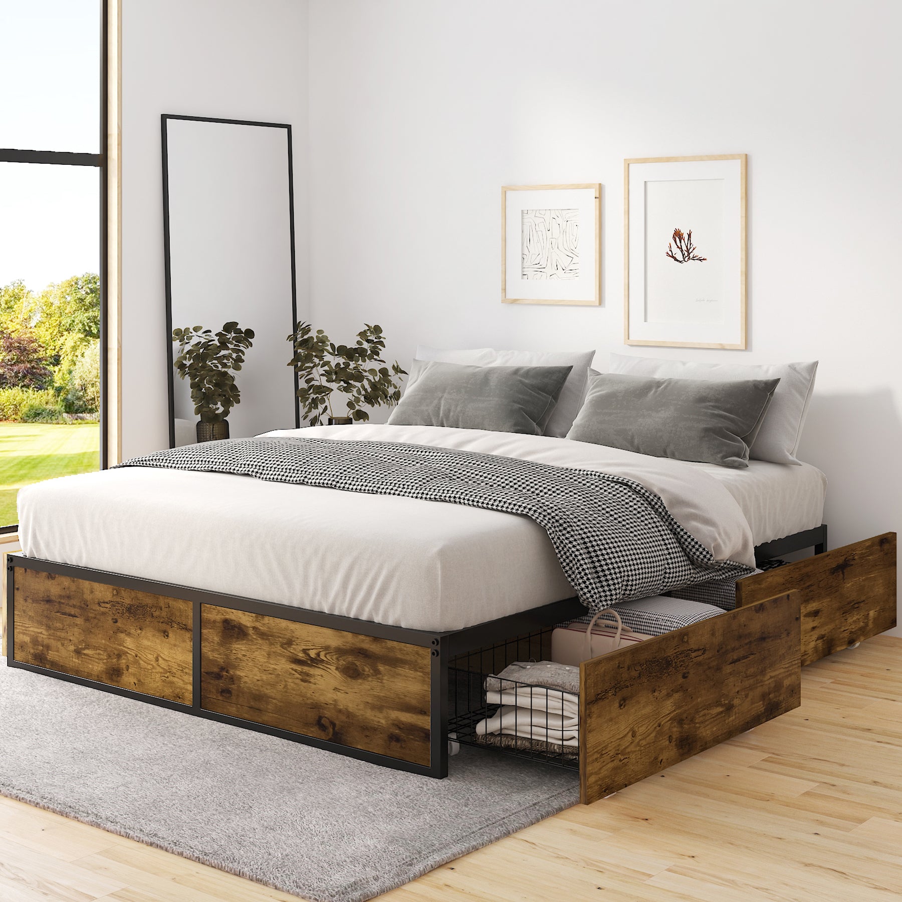 Einfach Platform Bed with 4 XL Drawers, Industrial Design, Brown